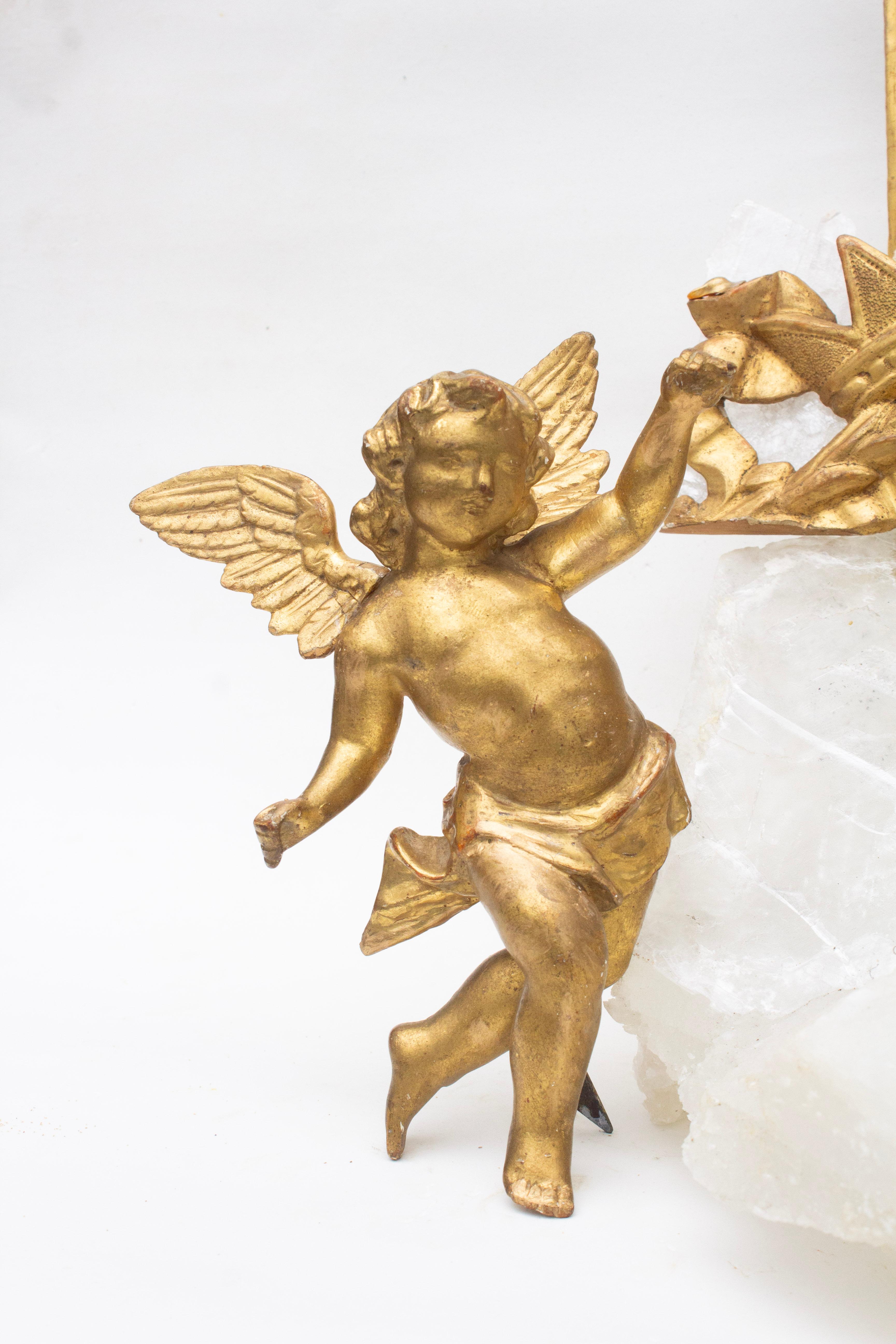 Rococò Sculptural 18th Century Italian Gilded Angel and Sunrays on Selenite Crystal in vendita