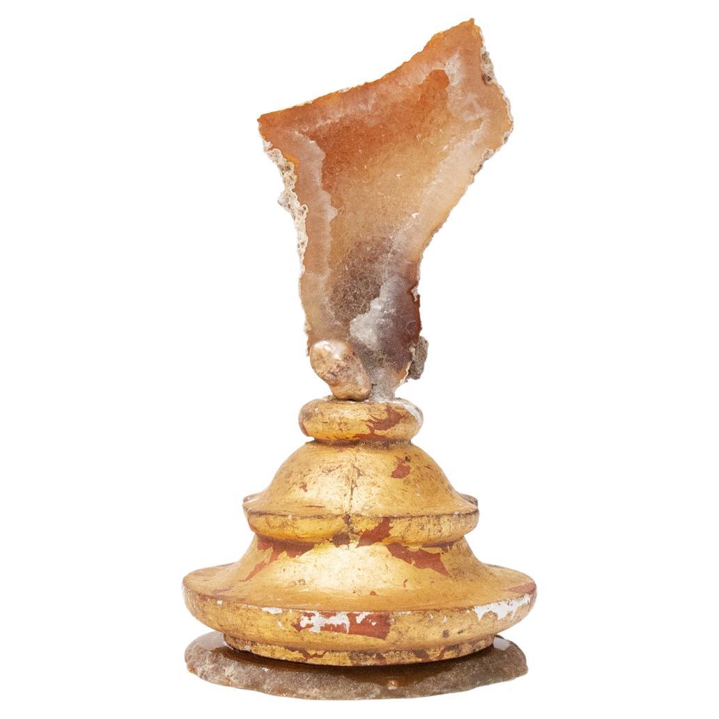 Sculptural 18th Century Italian Gilded Candlestick Top with Fossil Agate Coral For Sale