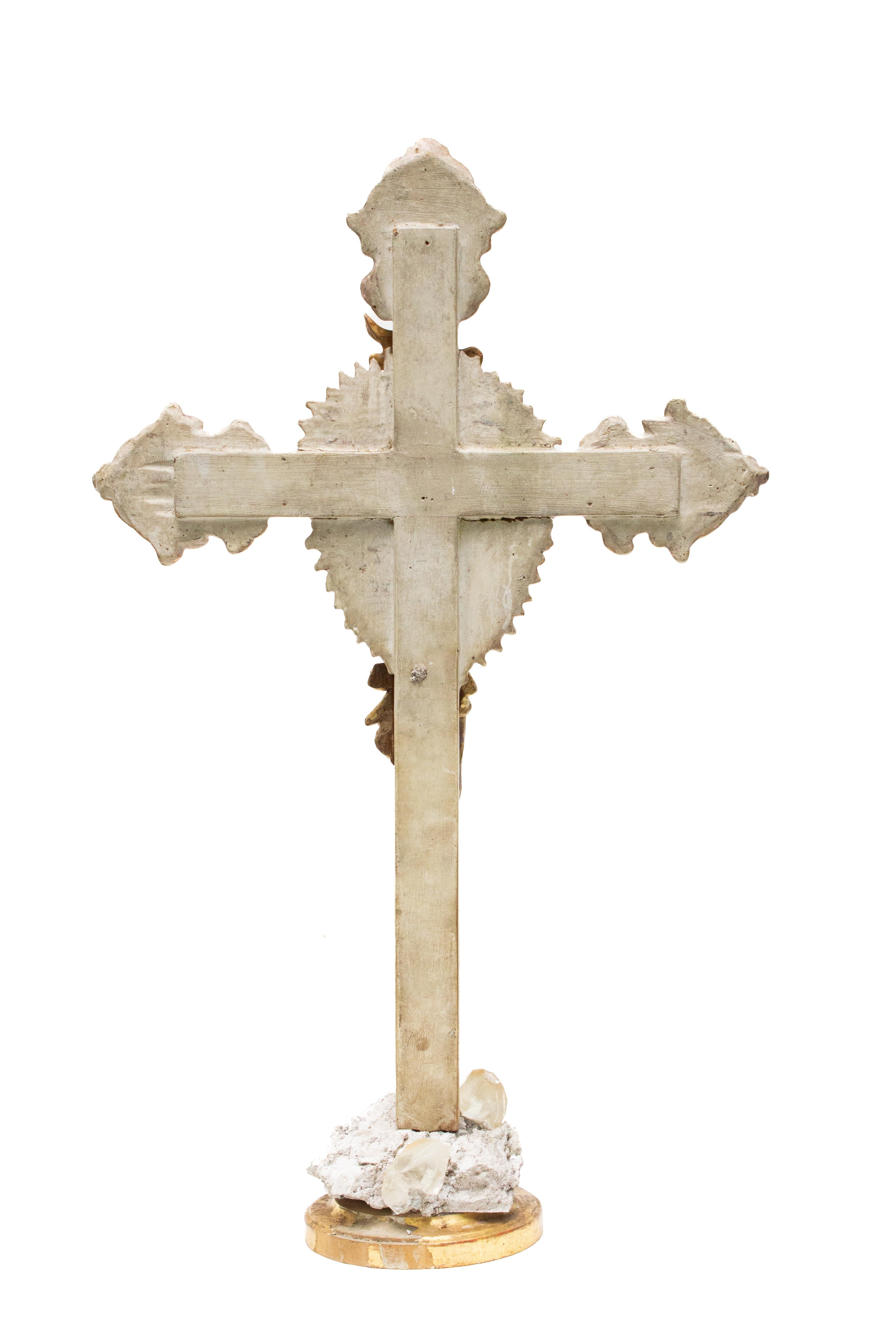 Rock Crystal Sculptural 18th Century Italian Gilded Crucifix with Calcite Crystals For Sale