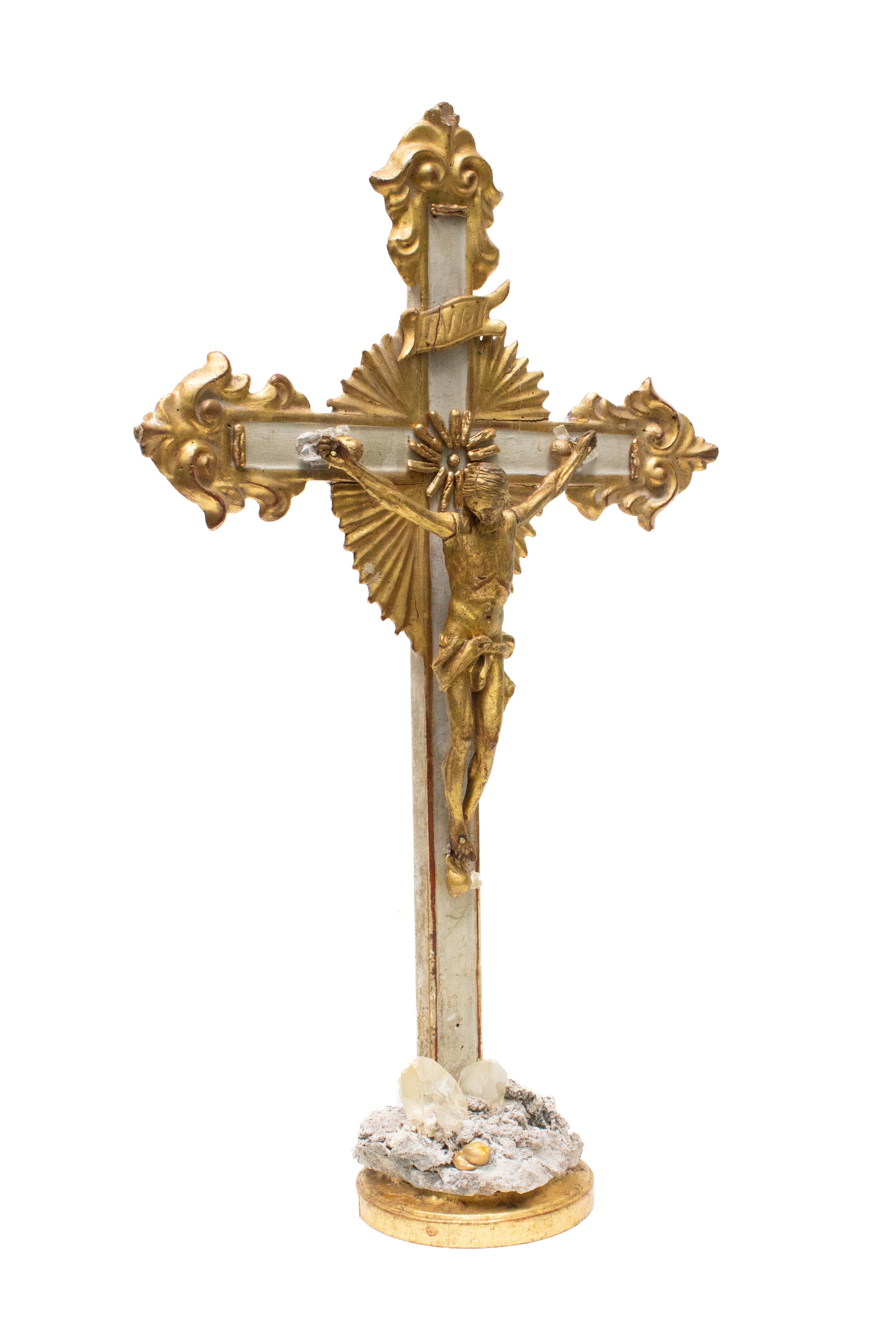 18th Century and Earlier Sculptural 18th Century Italian Gilded Crucifix with Calcite Crystals For Sale