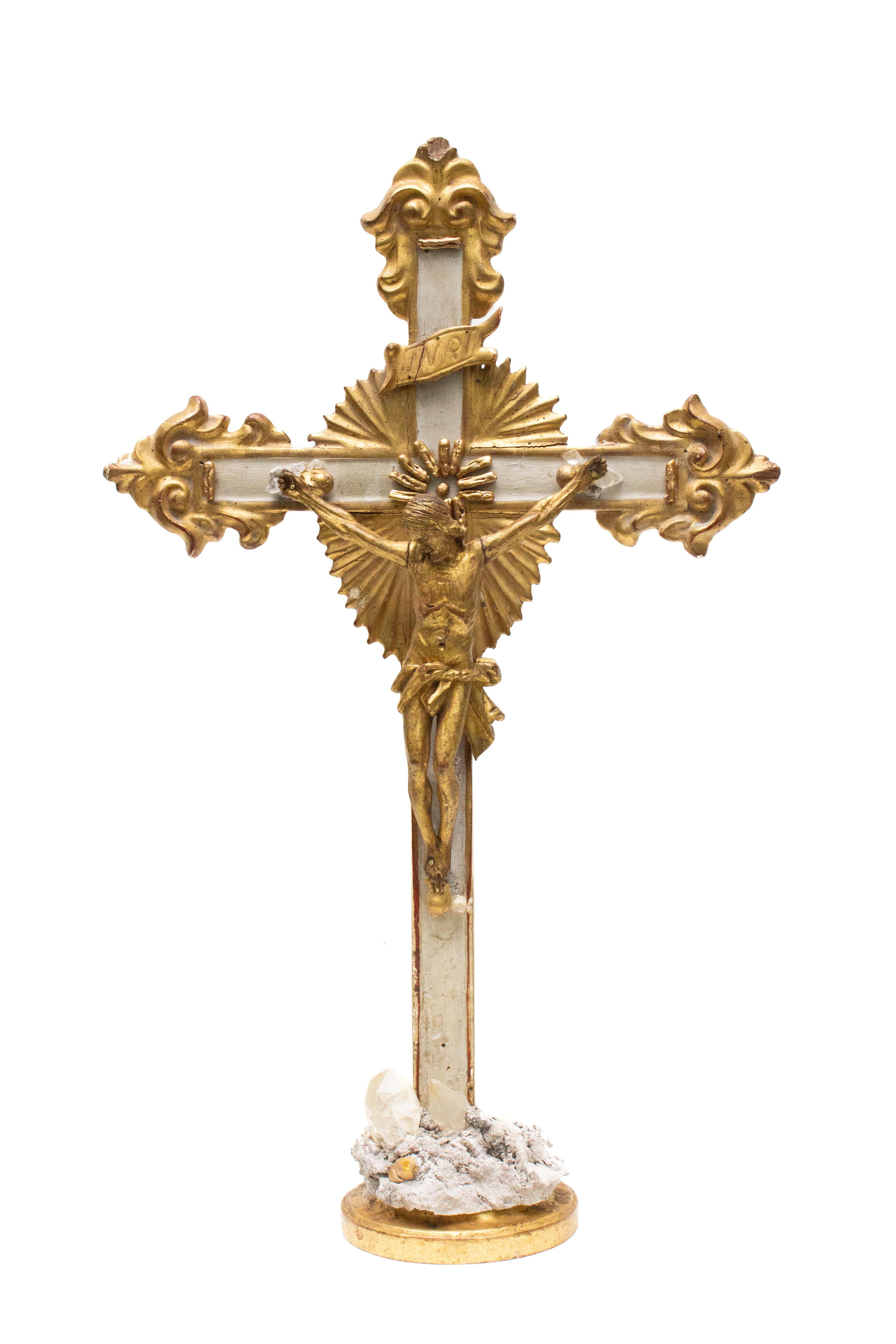 Sculptural 18th century Italian gilded crucifix with calcite crystals and baroque pearls. 

The calcite crystals are from Elmwood Mine, Tennessee. It is an example of the world's finest crystallized calcite. It is unequaled by those from any other