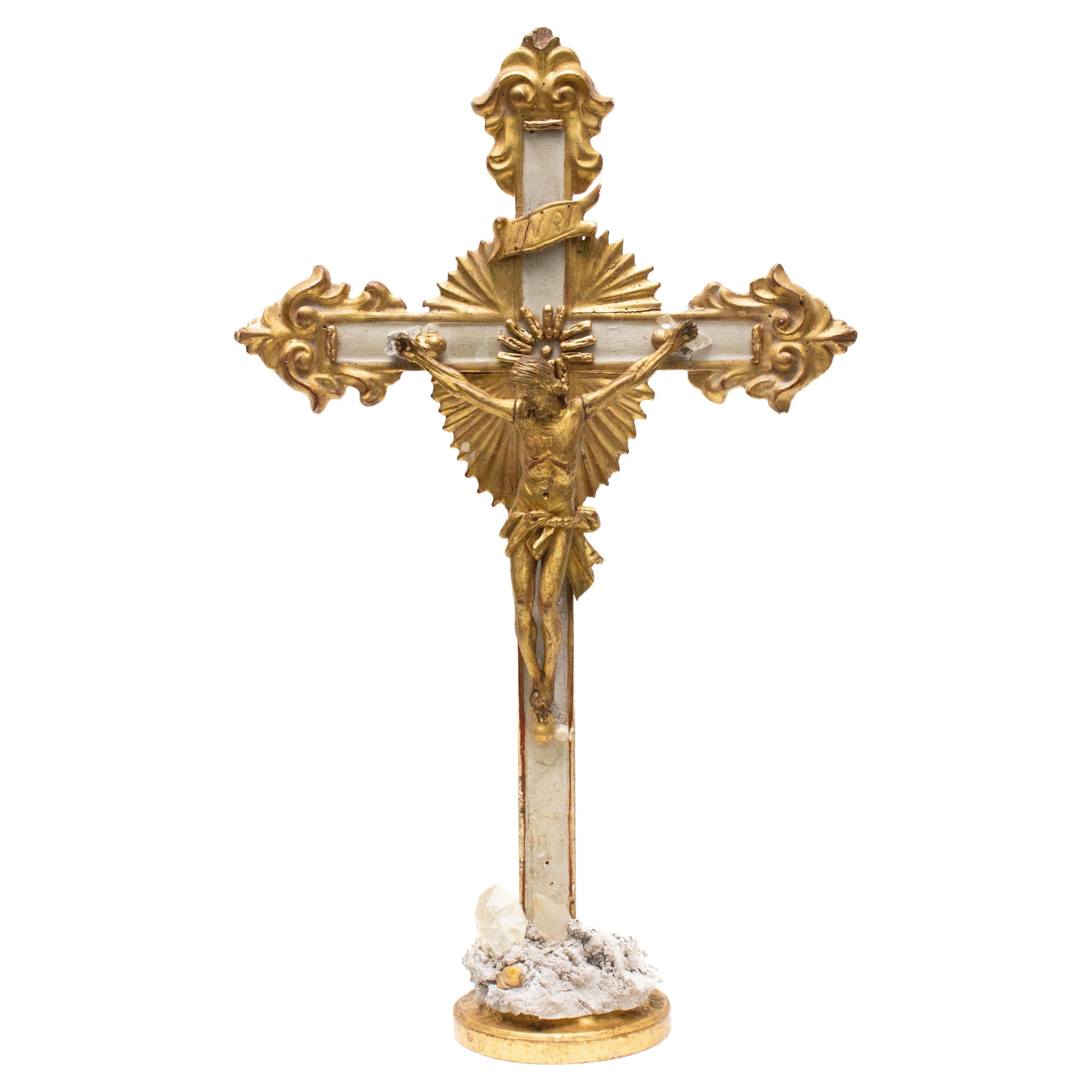 Sculptural 18th Century Italian Gilded Crucifix with Calcite Crystals For Sale