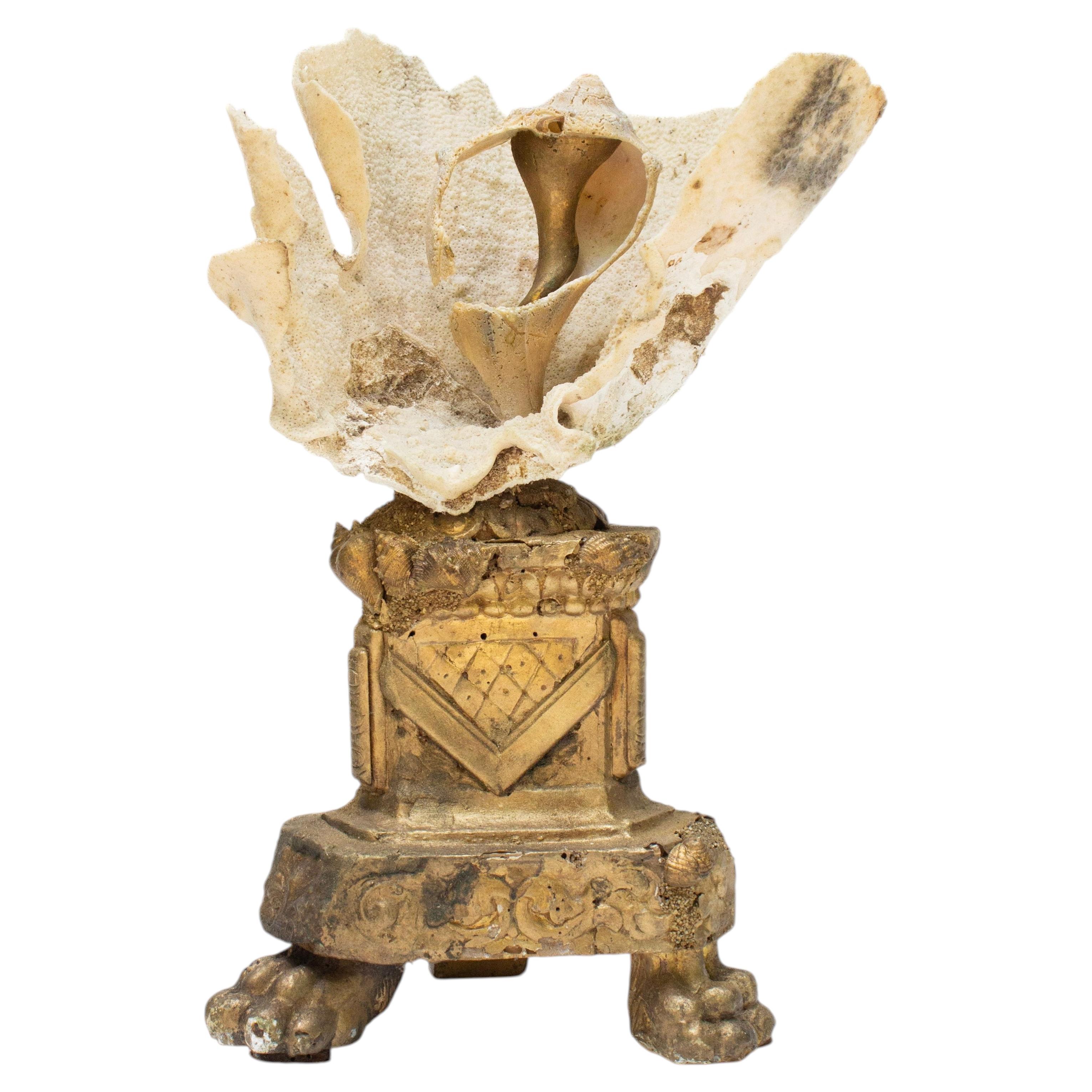 Sculptural 18th Century Italian Gilded Fragment with Coral and Gilded Shells For Sale