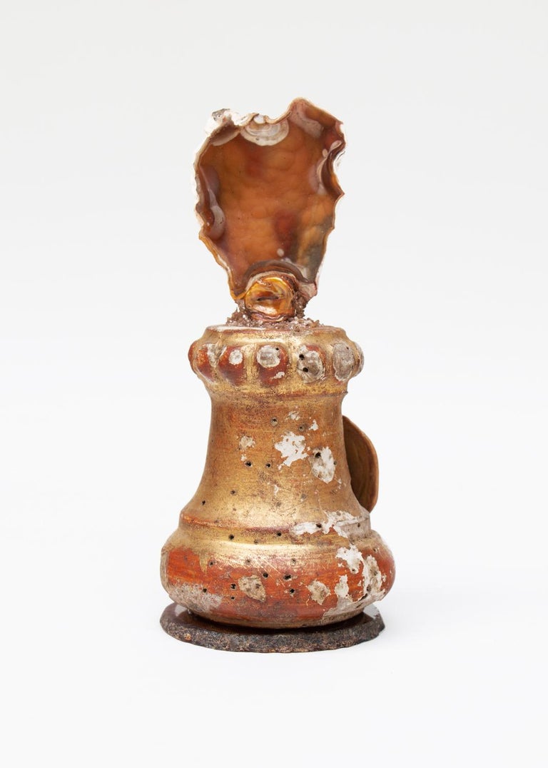 Sculptural 18th century Italian miniature fragment with fossil agate coral.

The fragment was originally part of an 18th century Italian candlestick from a historic church. It has the original gold leaf and red bole paint that coordinates with the