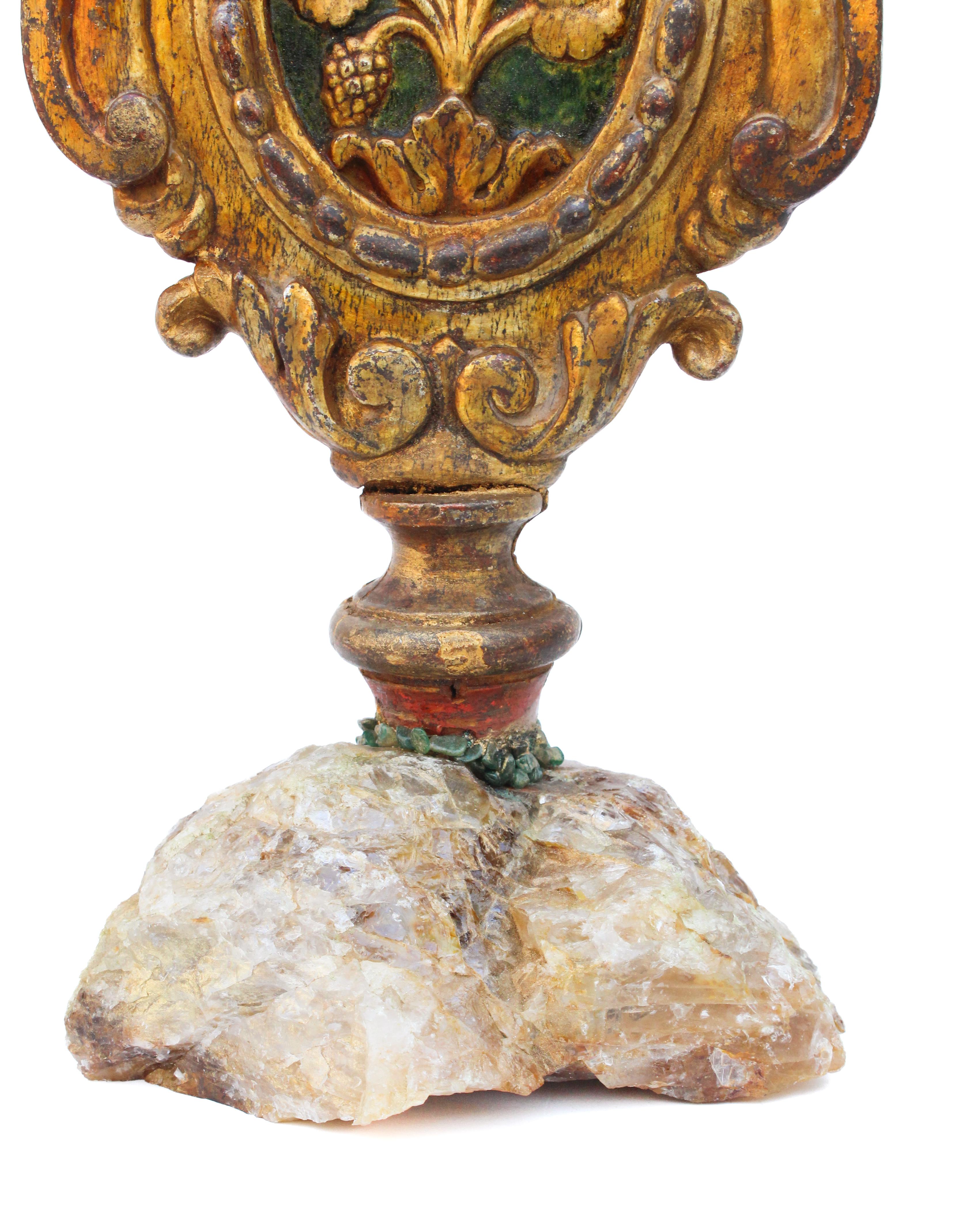 Sculptural 18th Century Italian Processional Finial Mounted on Honey Calcite In Good Condition For Sale In Dublin, Dalkey