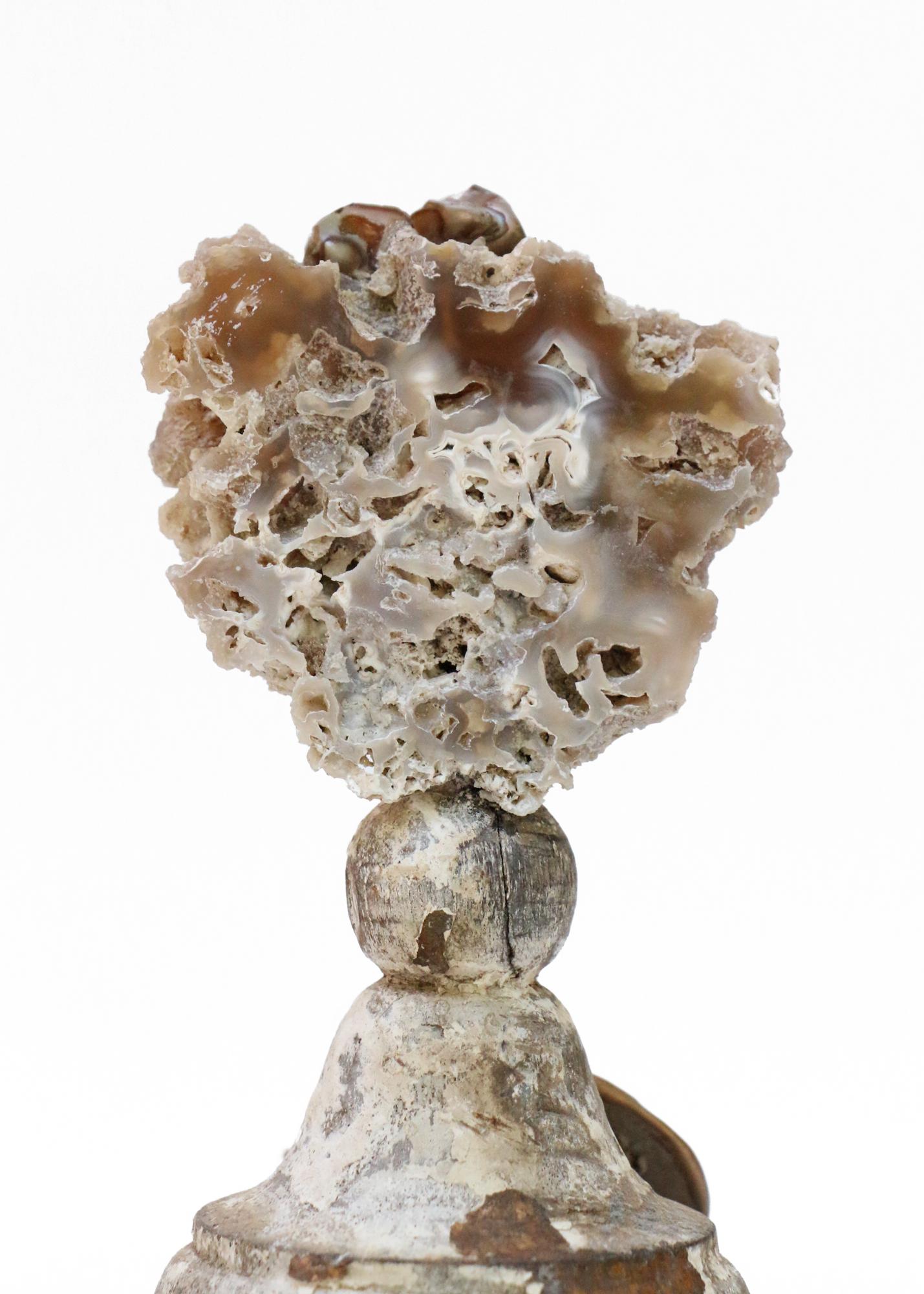 Rococo Sculptural 18th Century Italian Silver Candlestick Top with Fossil Agate Coral