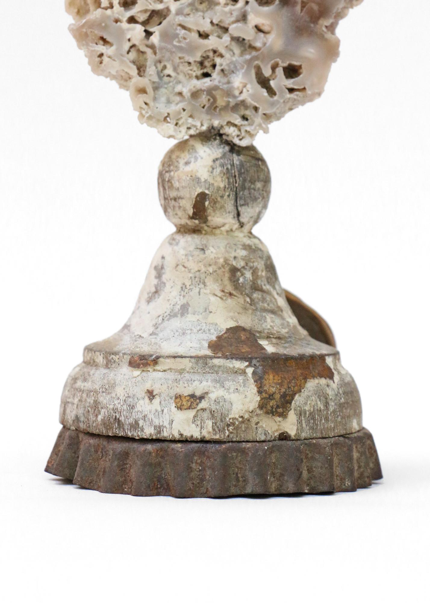 Hand-Carved Sculptural 18th Century Italian Silver Candlestick Top with Fossil Agate Coral