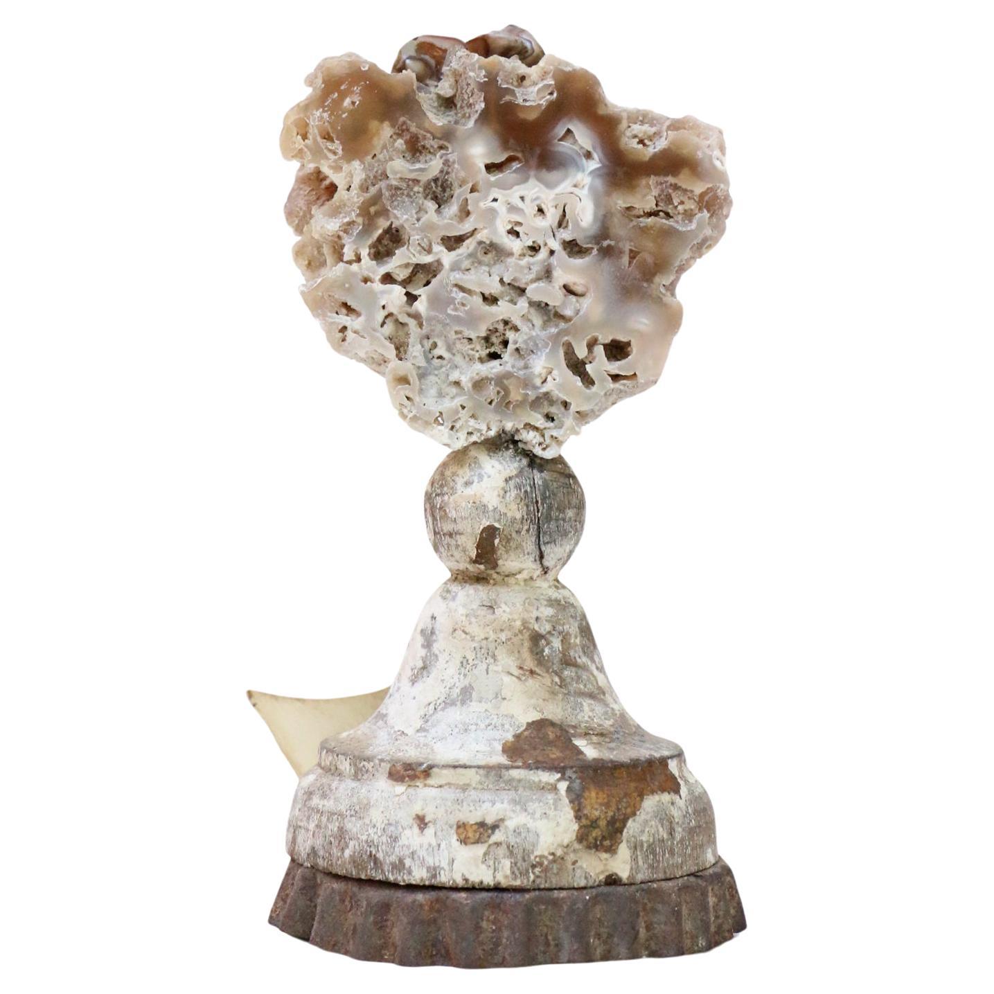 Sculptural 18th Century Italian Silver Candlestick Top with Fossil Agate Coral