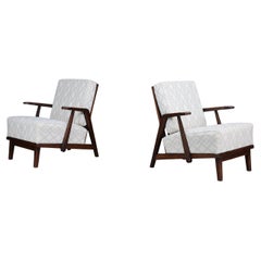 Sculptural 1950s Czech Oak Lounge Chairs – Mid-Century Modern, Newly Upholstered