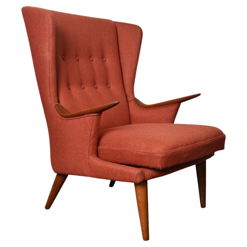 Sculptural 1950s Danish Modern Mid Century Wingback Armchair with Teak Paws