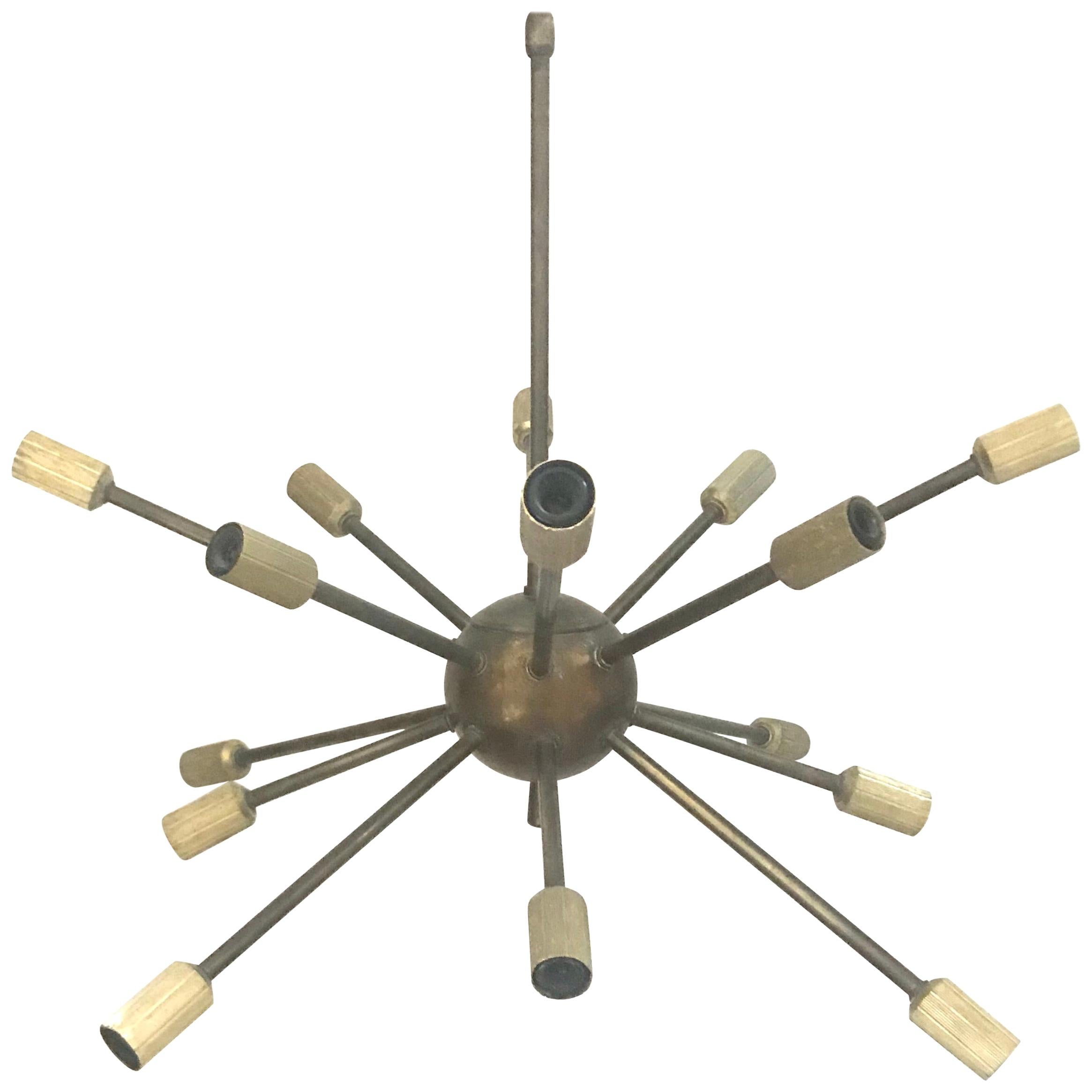 Sculptural 1950s Italian Brass Sputnik Sixteen-Light Chandelier For Sale