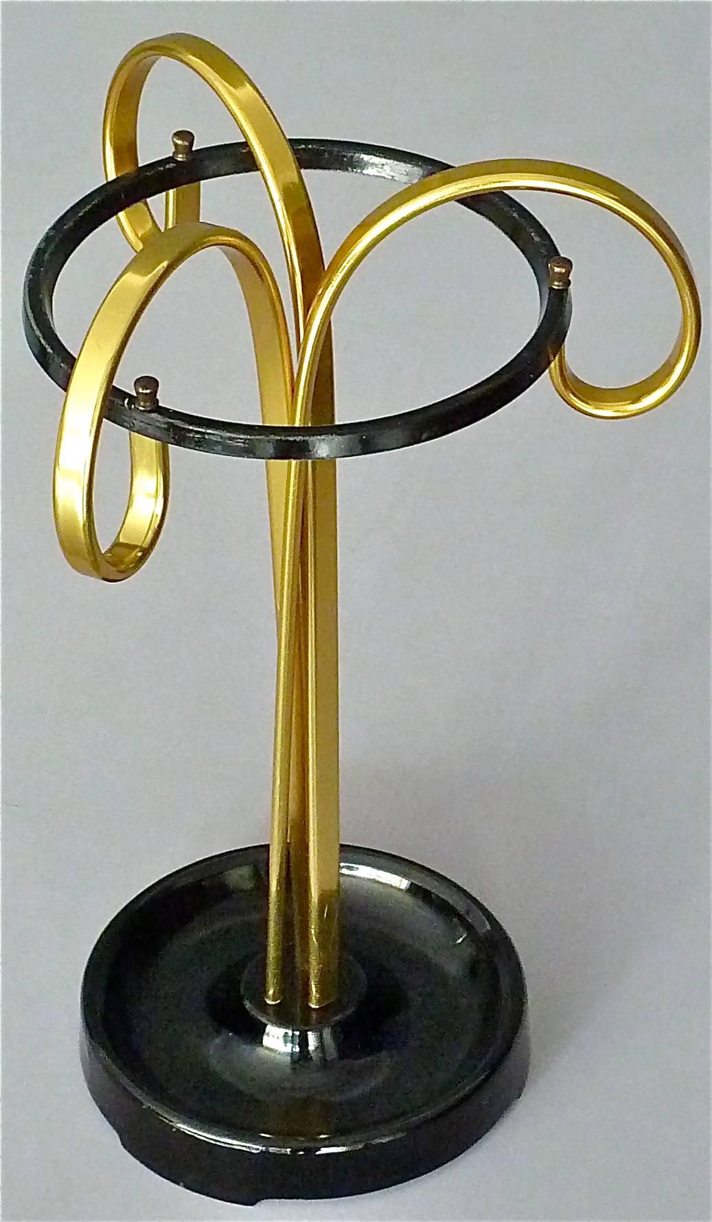 Sculptural 1950s Midcentury Umbrella Stand Golden Anodized Aluminum Black Iron For Sale 4