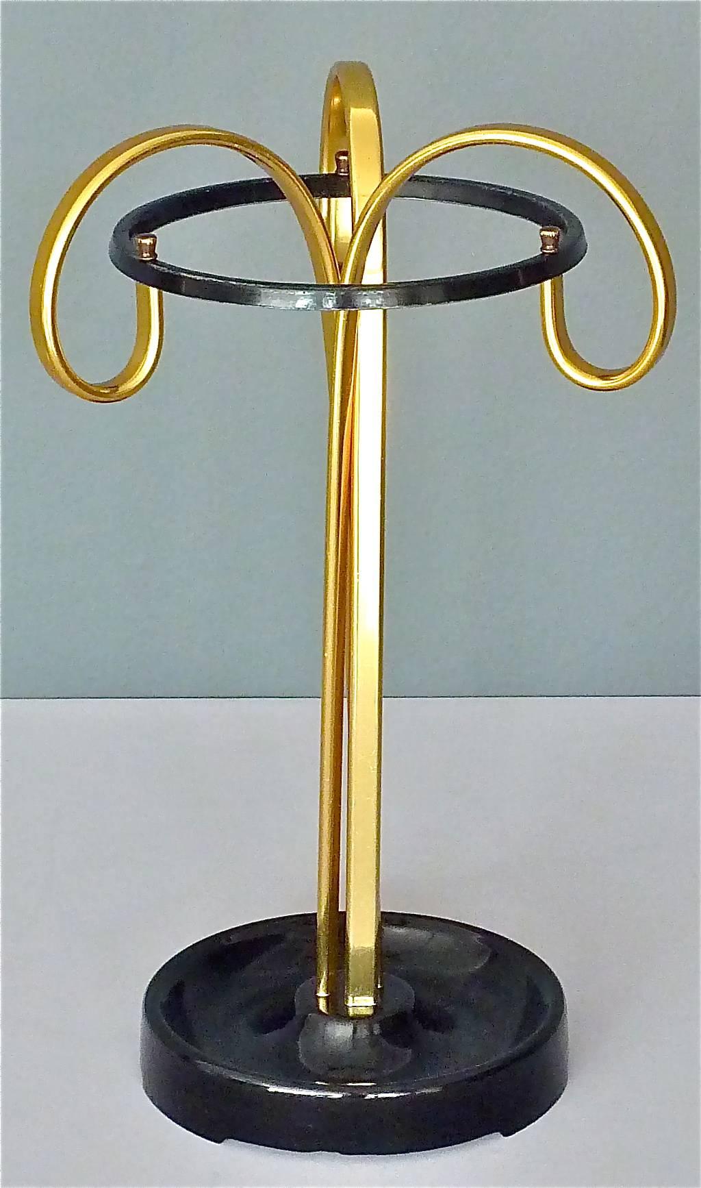 German Sculptural 1950s Midcentury Umbrella Stand Golden Anodized Aluminum Black Iron For Sale