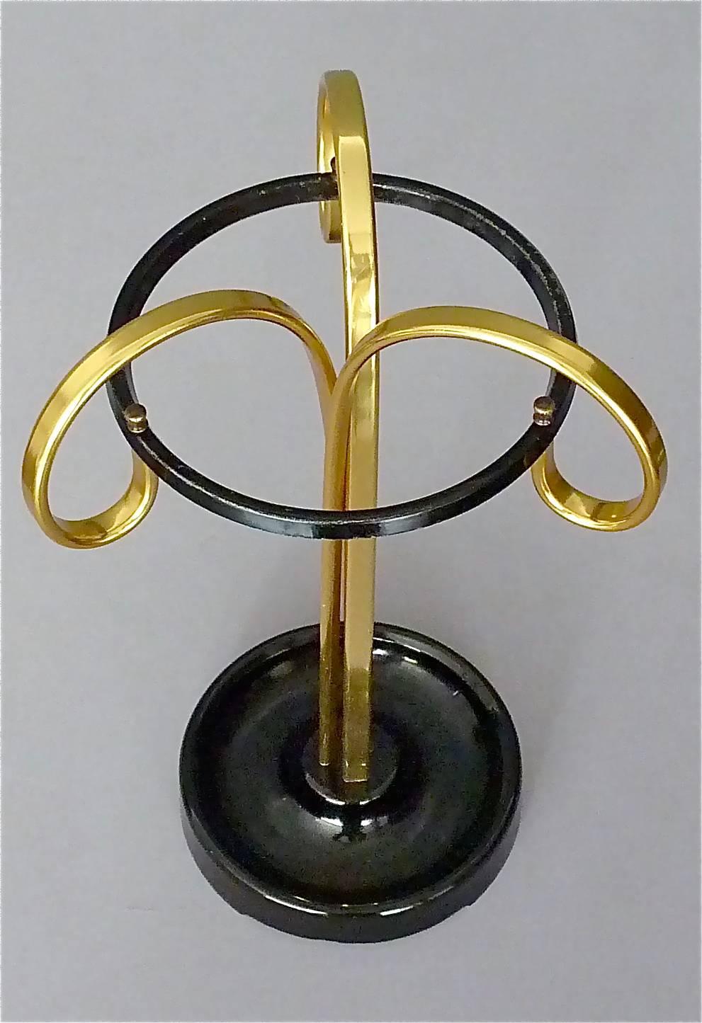 Mid-20th Century Sculptural 1950s Midcentury Umbrella Stand Golden Anodized Aluminum Black Iron For Sale