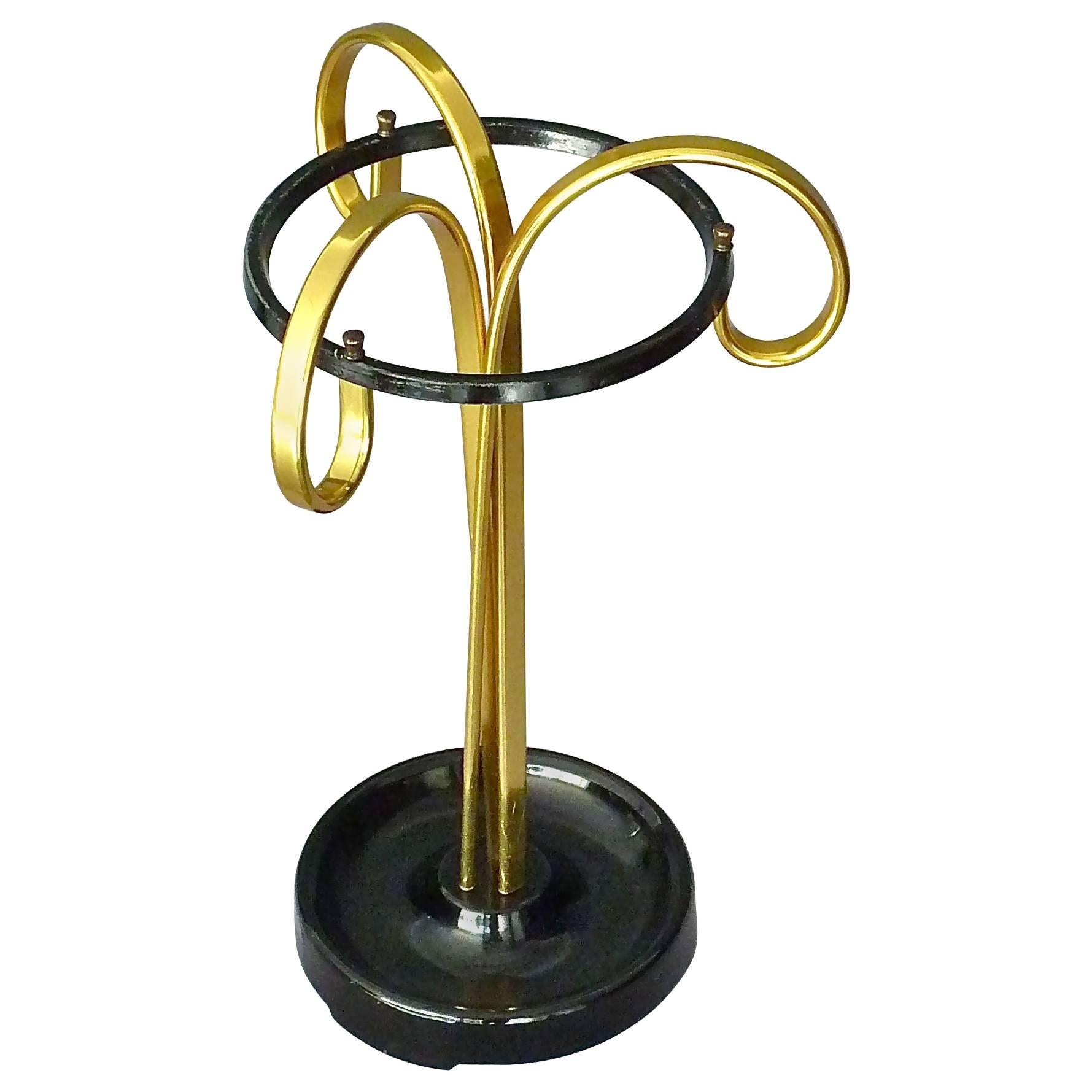 Sculptural 1950s Midcentury Umbrella Stand Golden Anodized Aluminum Black Iron For Sale