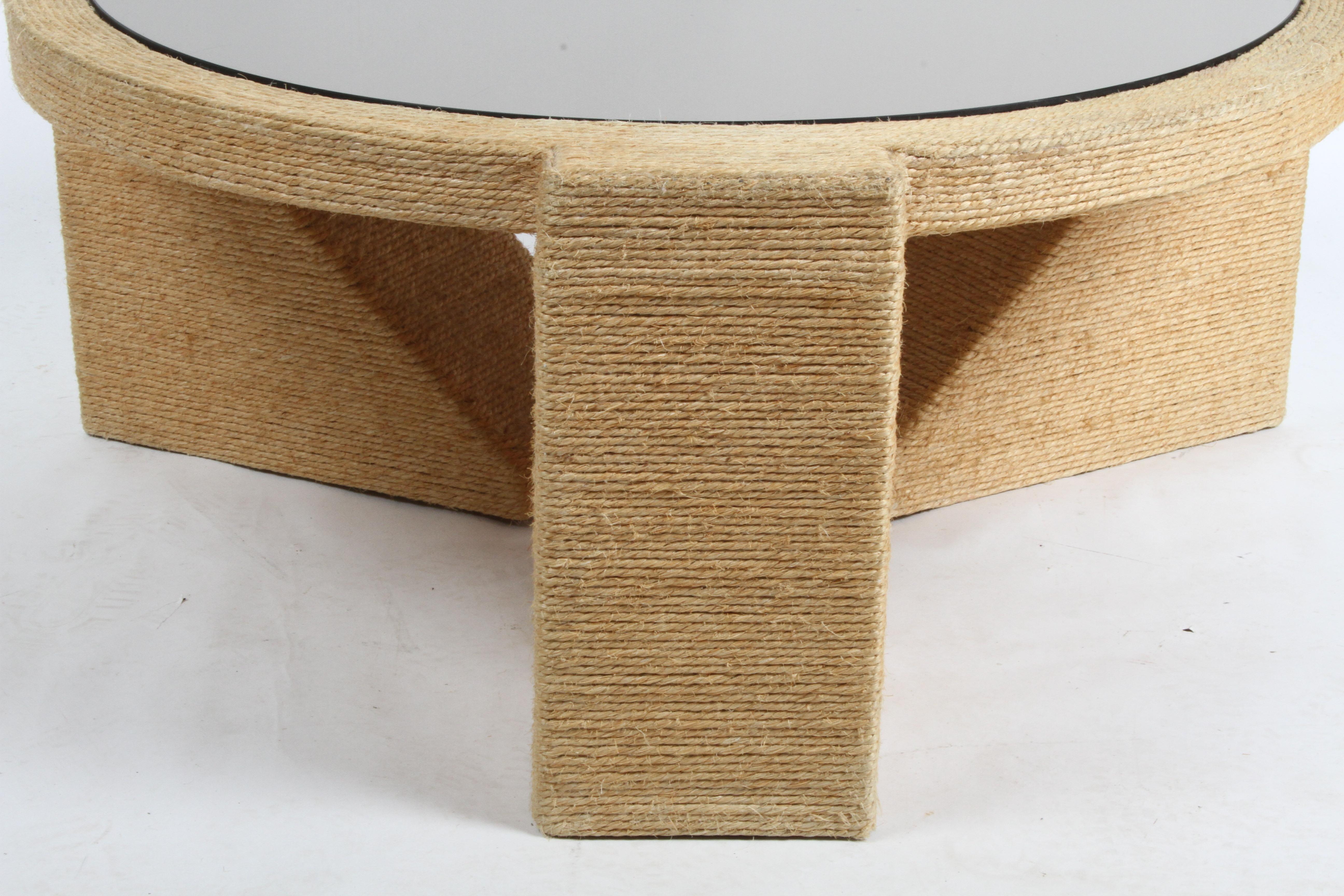 Sculptural 1970s Jute Rope Wrapped Round Coffee Table with Bronze Mirror Top For Sale 1
