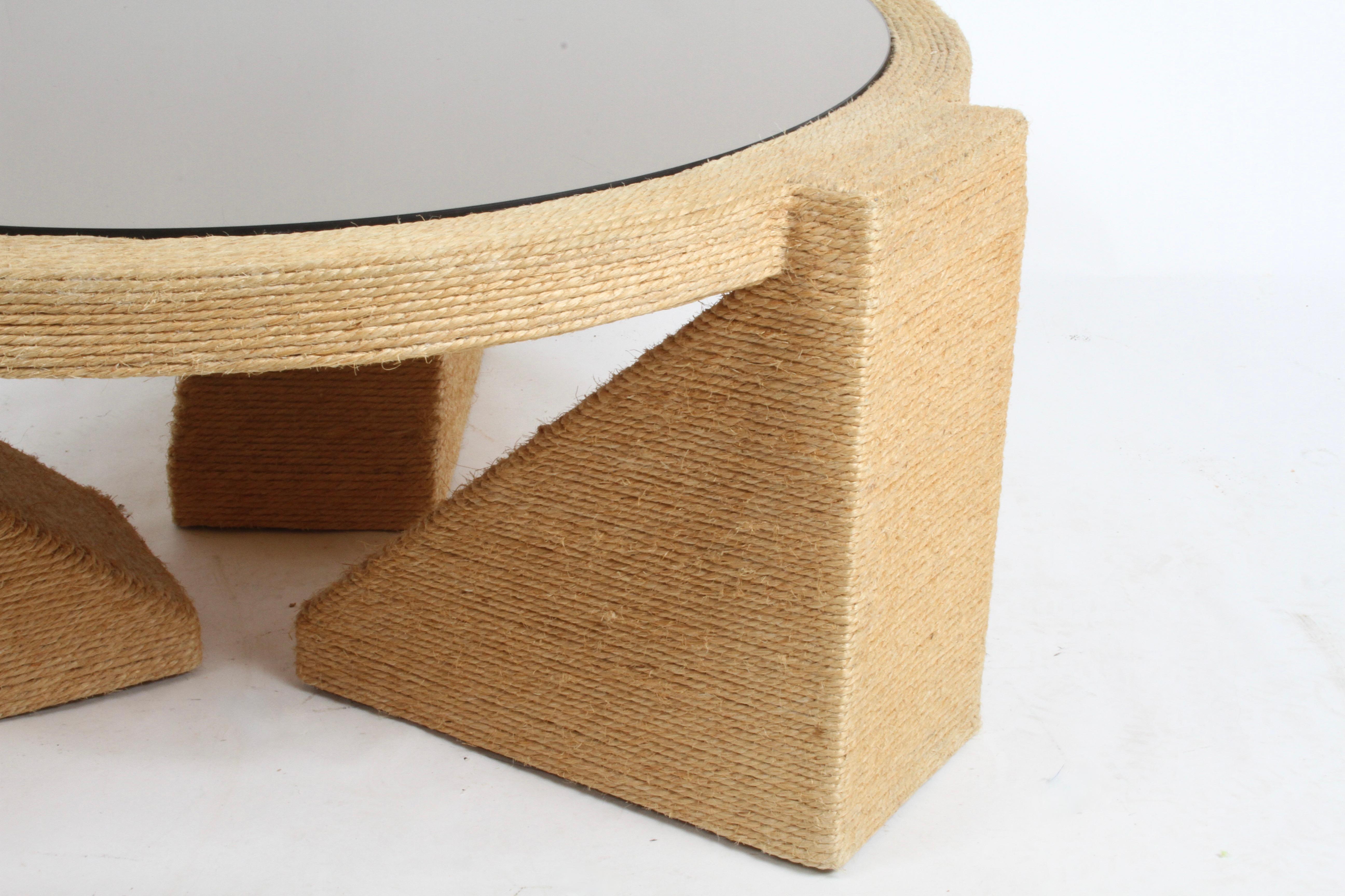 Sculptural 1970s Jute Rope Wrapped Round Coffee Table with Bronze Mirror Top For Sale 2