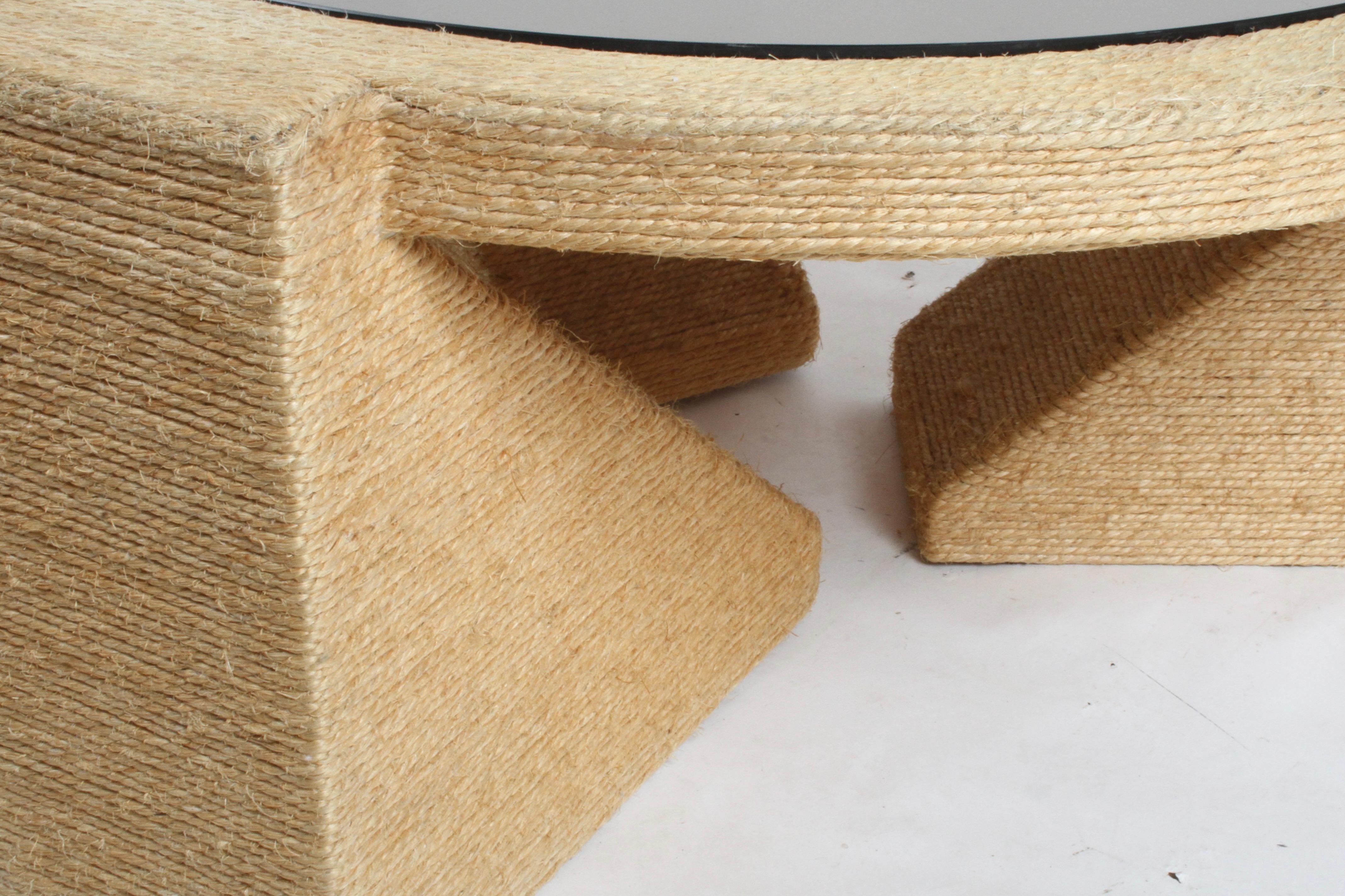 American Sculptural 1970s Jute Rope Wrapped Round Coffee Table with Bronze Mirror Top For Sale