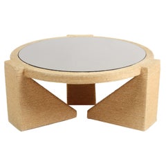 Sculptural 1970s Jute Rope Wrapped Round Coffee Table with Bronze Mirror Top