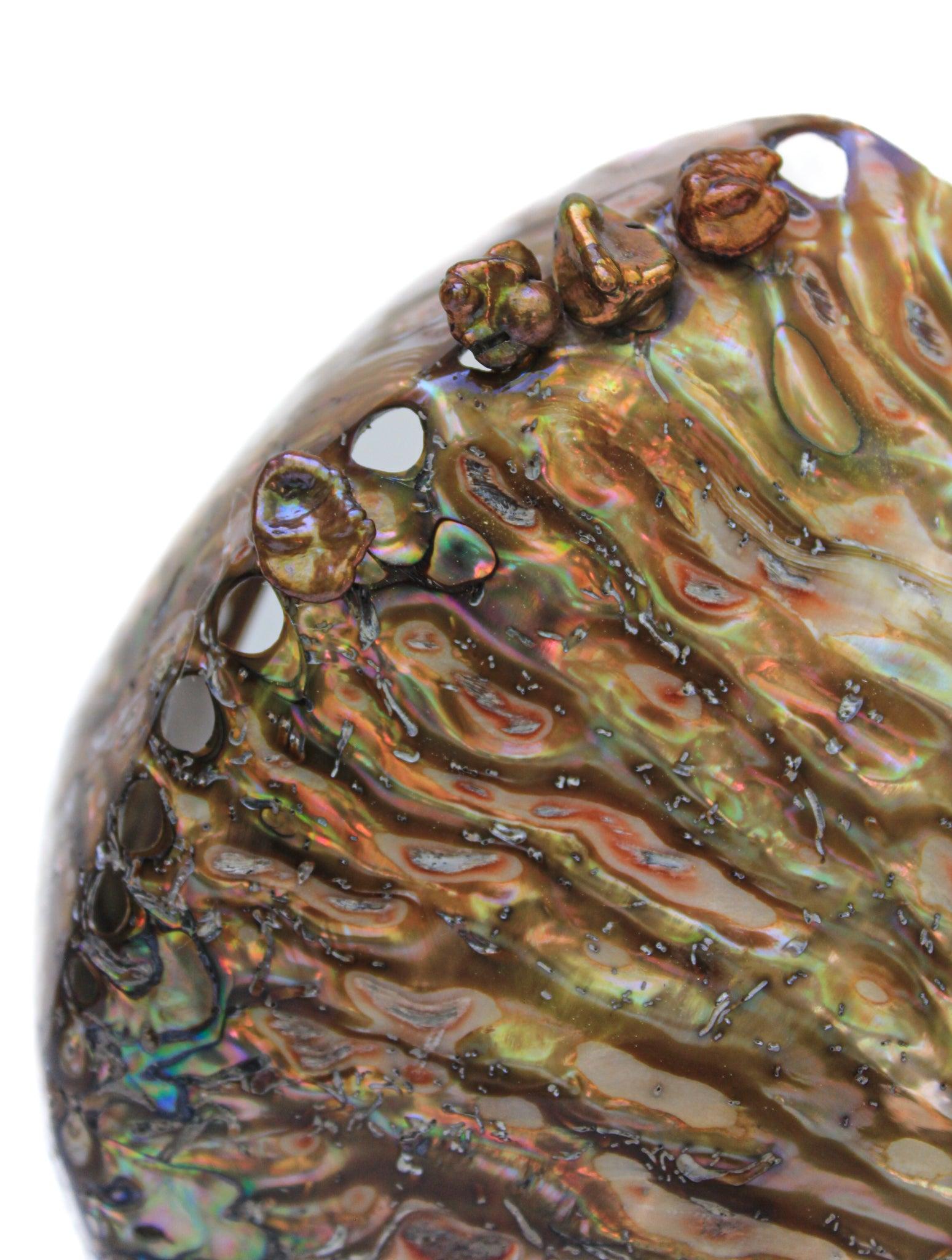 American Sculptural Abalone Shell with Baroque Pearls on a Polished Agate Base For Sale