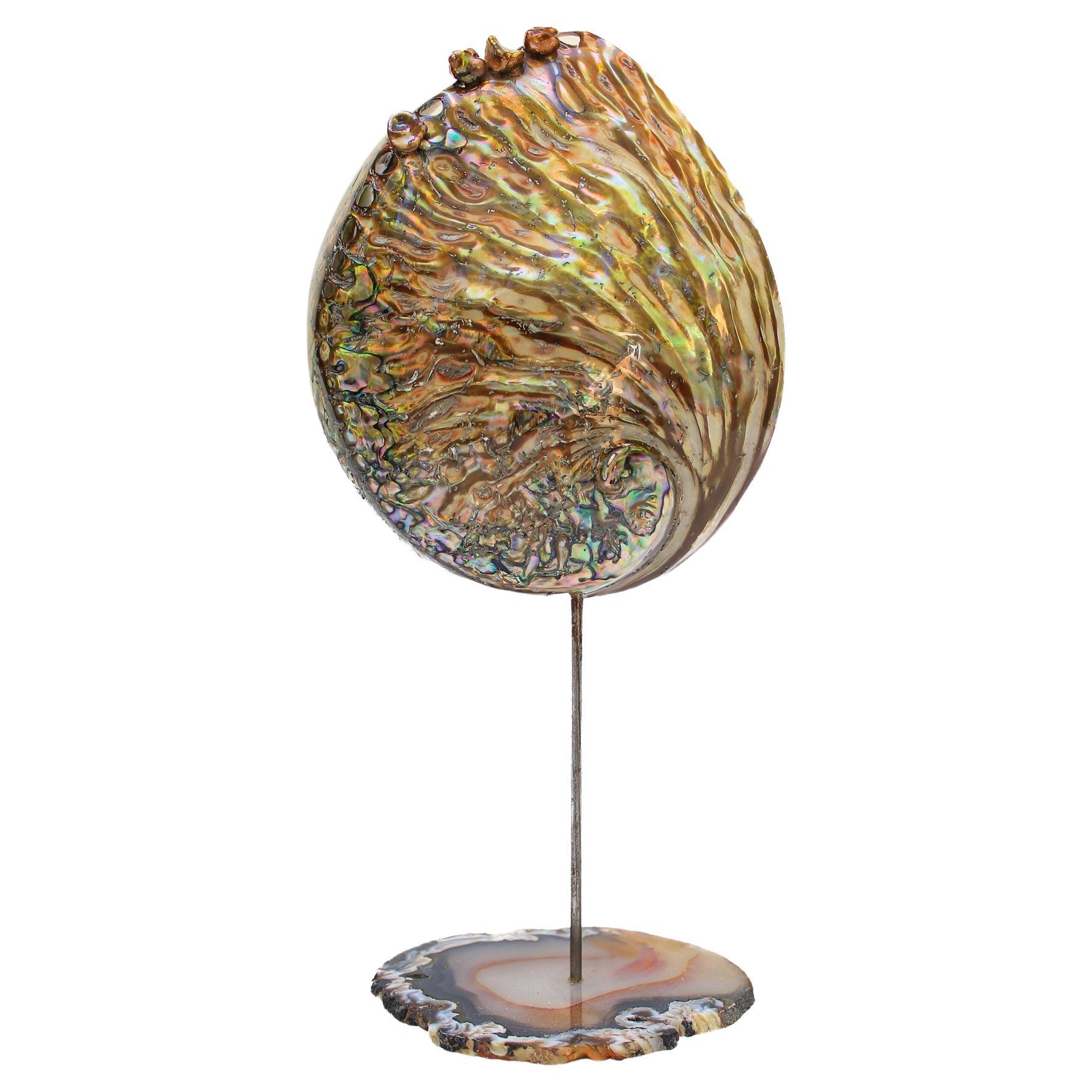 Sculptural Abalone Shell with Baroque Pearls on a Polished Agate Base For Sale