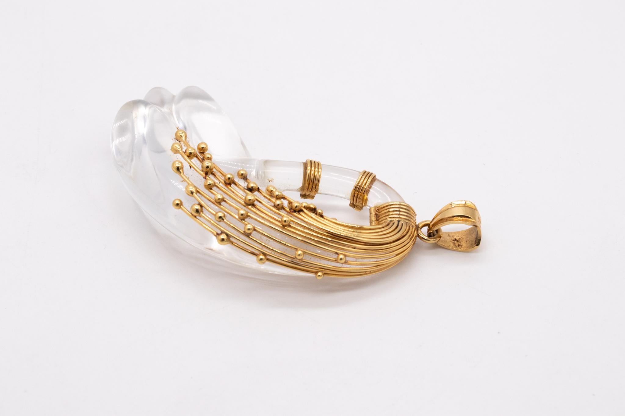 Mixed Cut Sculptural Abstraction of Swan Pendant 18Kt Yellow Gold with Carved Rock Crystal