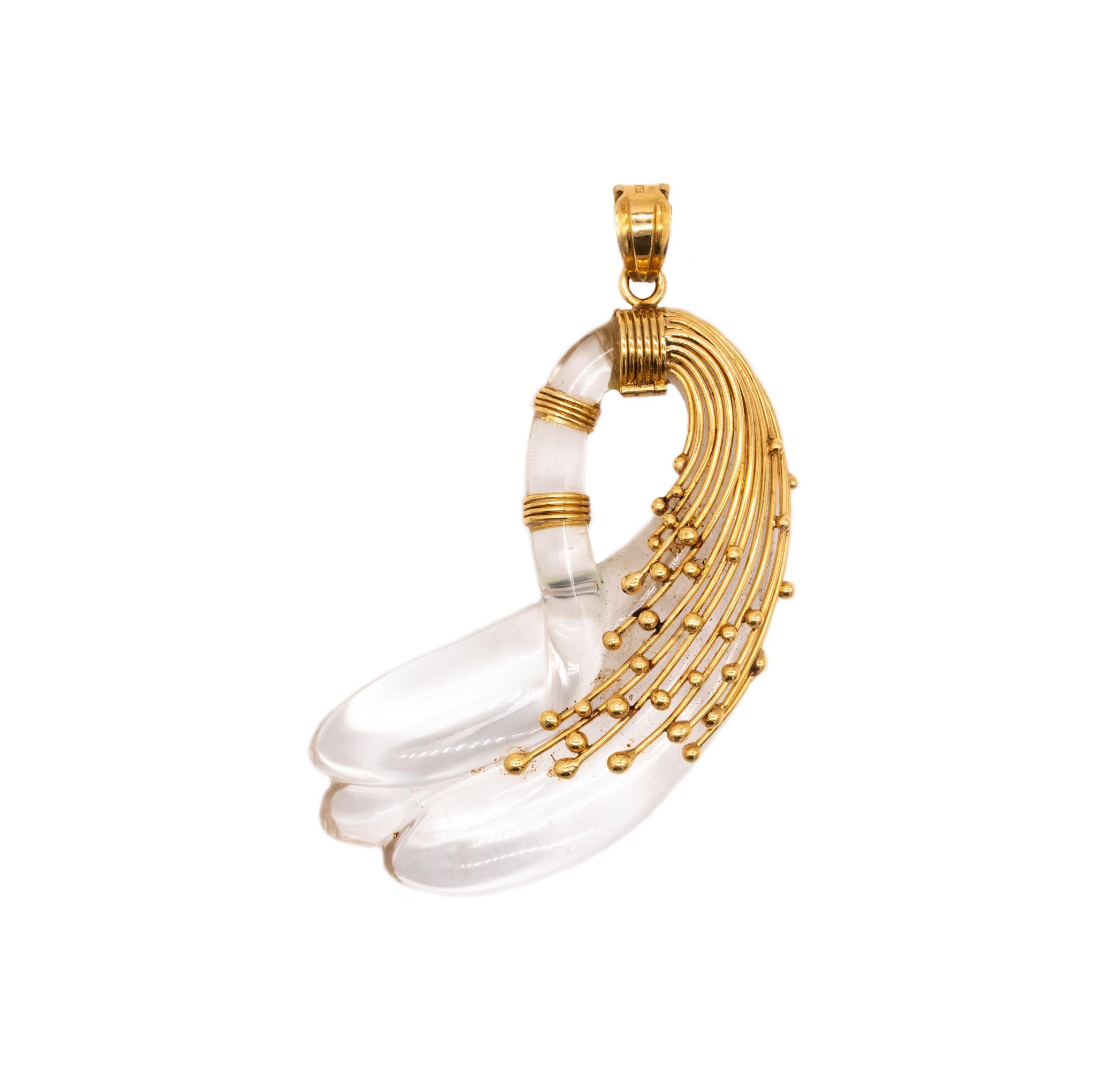 Women's or Men's Sculptural Abstraction of Swan Pendant 18Kt Yellow Gold with Carved Rock Crystal