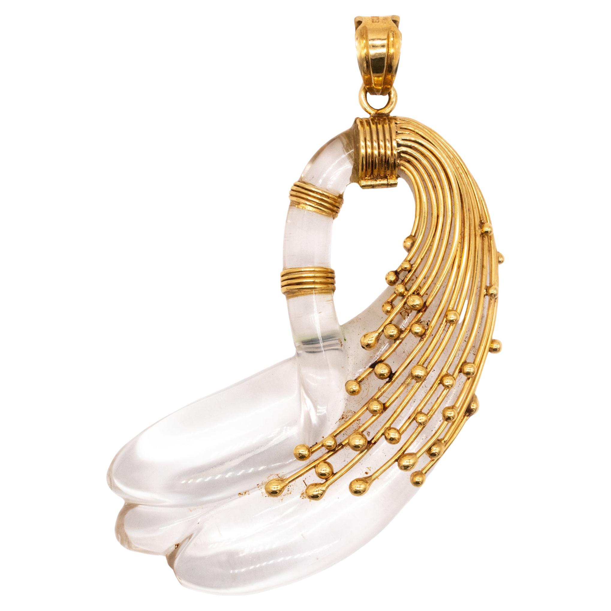 Sculptural Abstraction of Swan Pendant 18Kt Yellow Gold with Carved Rock Crystal