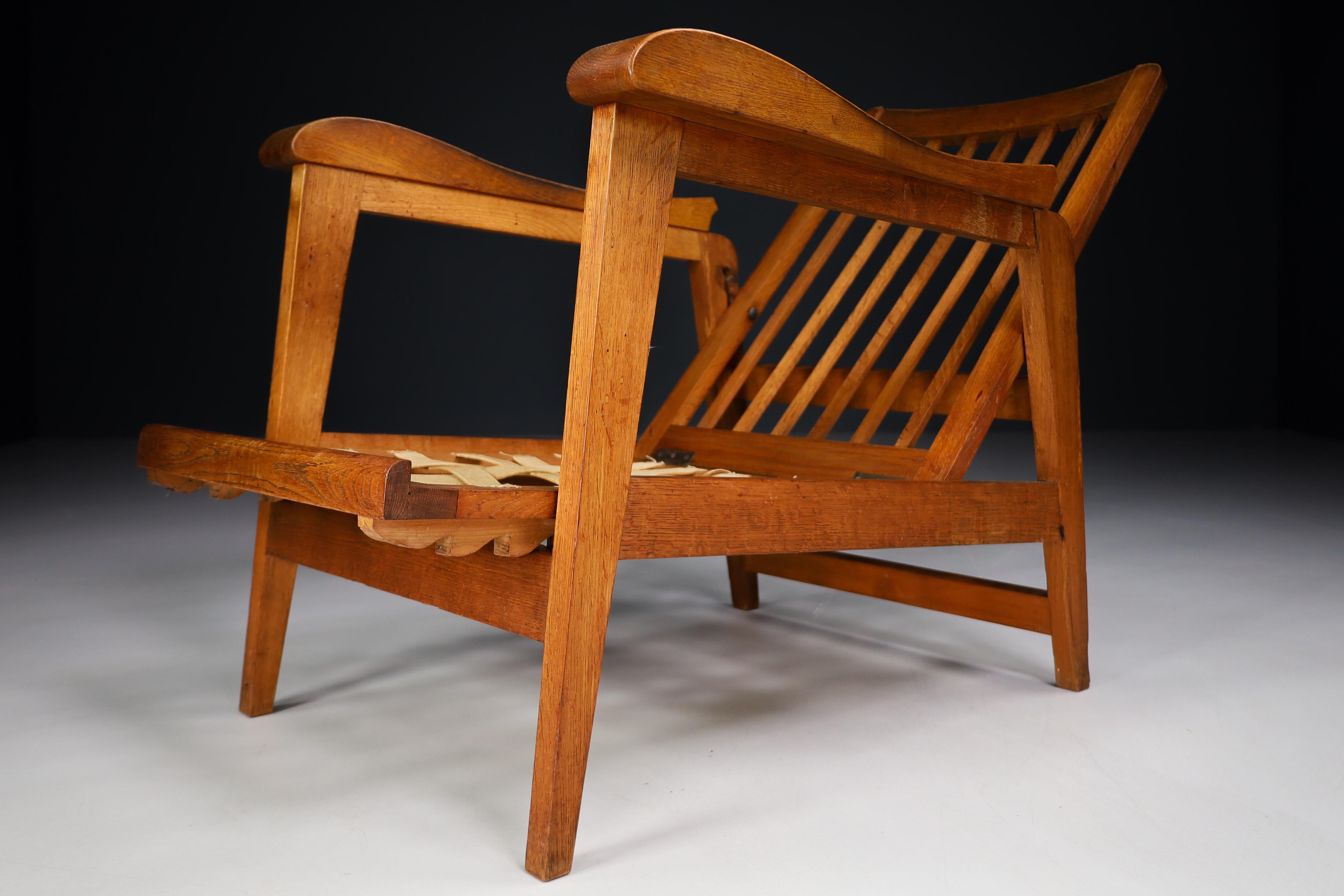 Sculptural Adjustable Lounge Chairs in Oak, France, 1950s 5