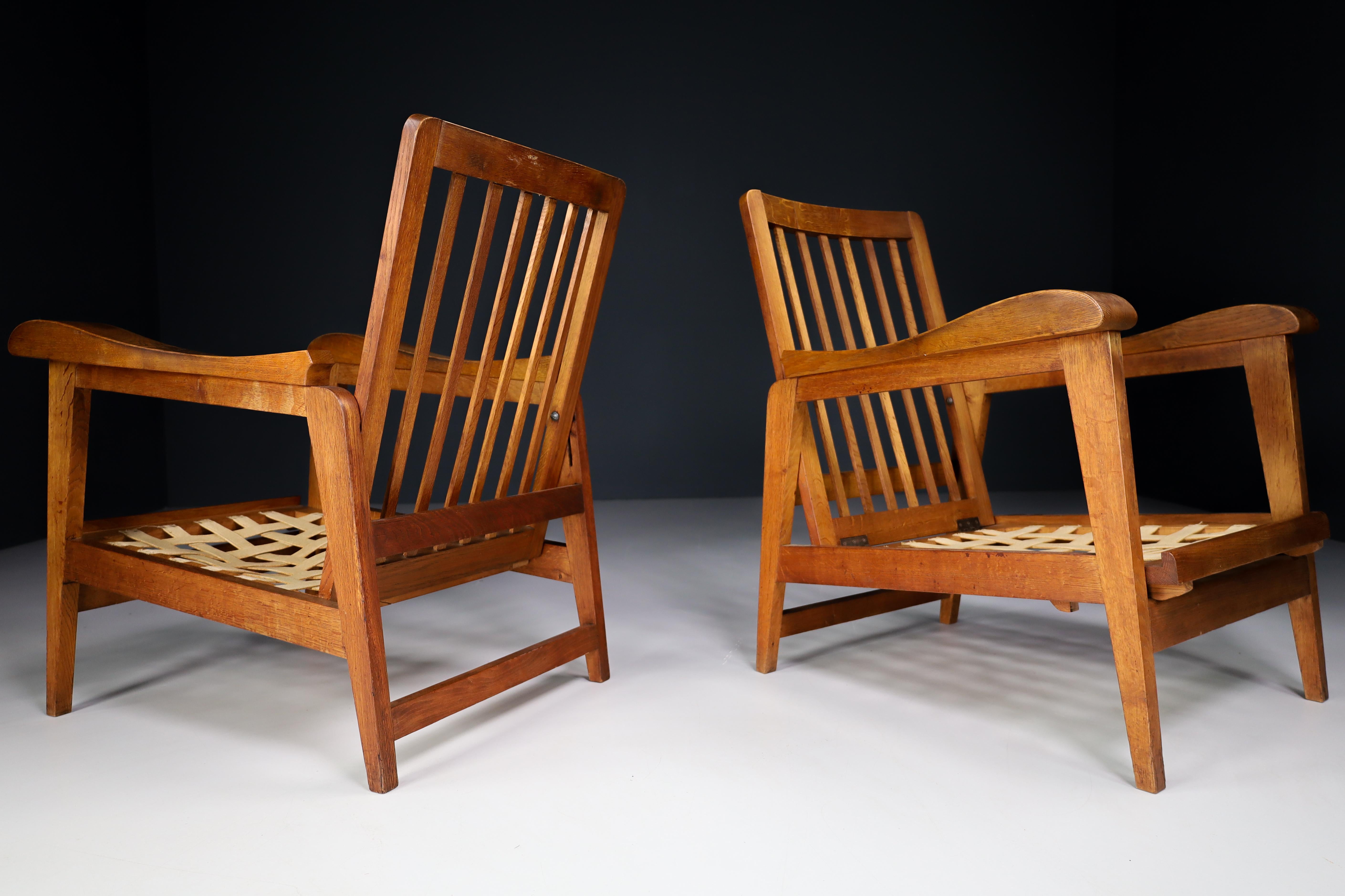 Mid-Century Modern Sculptural Adjustable Lounge Chairs in Oak, France, 1950s