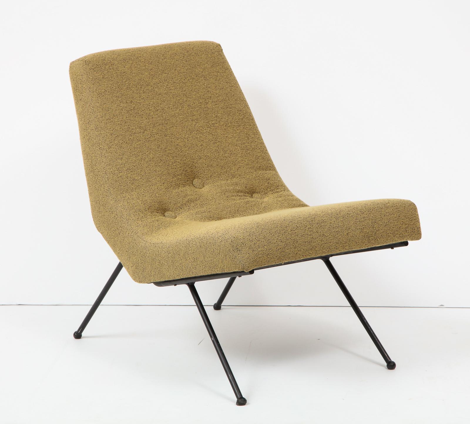 Sculptural lounge chair with a slender, organic seat and splayed enameled steel legs culminating in ball feet. A rare and early offering, circa 1954, by Adrian Pearsall for Craft Associates. Reupholstered, but still with original cloth tag.