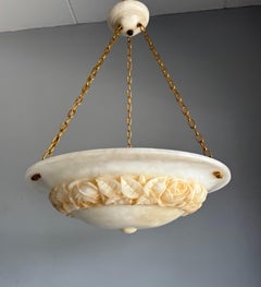 Sculptural Alabaster Art Deco Pendant Light with Carved Rose Garland, circa 1920