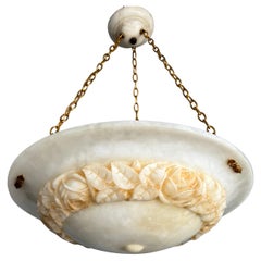 Antique Sculptural Alabaster Art Deco Pendant Light with Carved Rose Garland, circa 1920