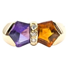 Sculptural Amethyst, Citrine & Diamond Bow Ring in 14k Yellow Gold