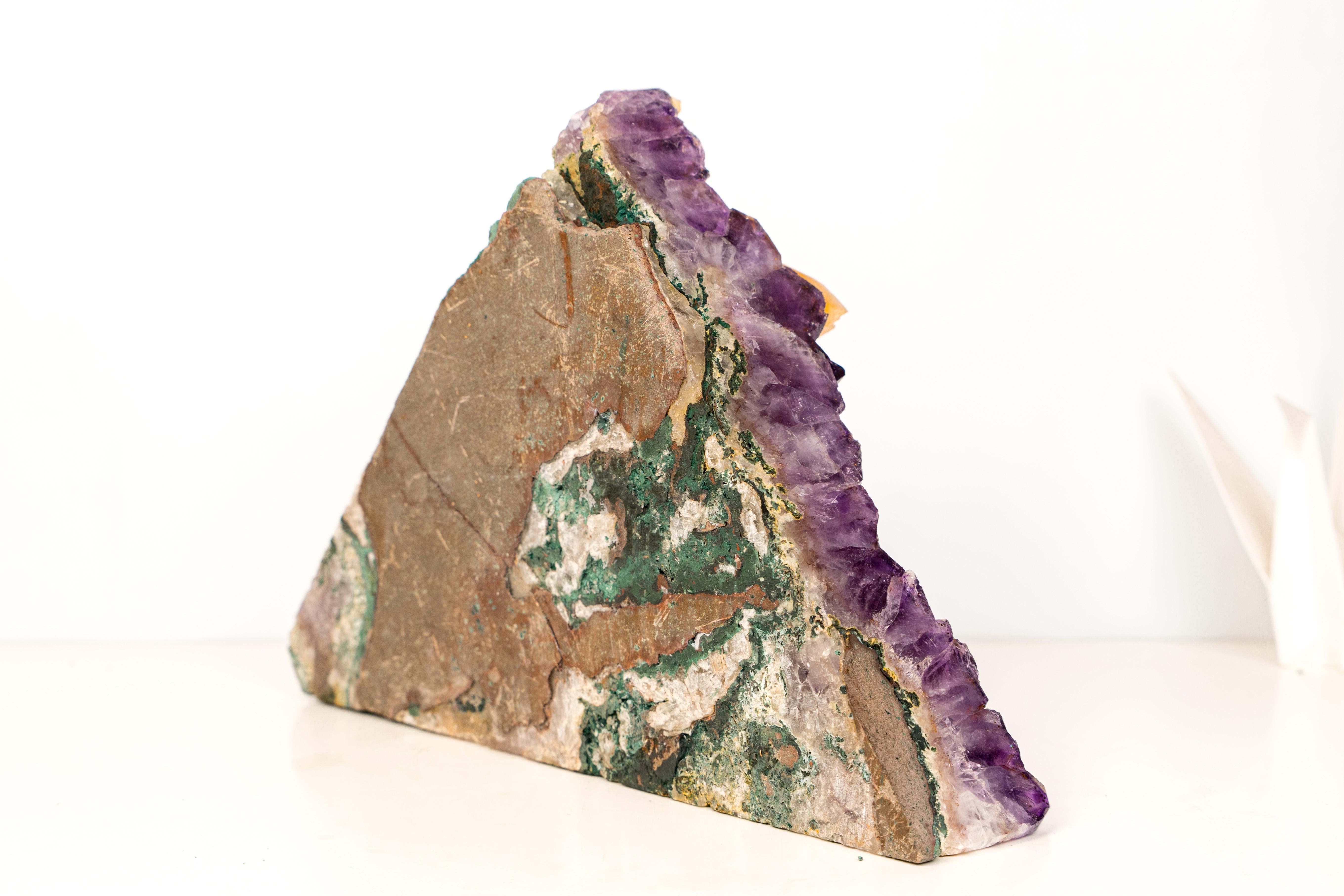 Brazilian Sculptural Amethyst Cluster with Rare Orange Scalenohedral Calcite For Sale