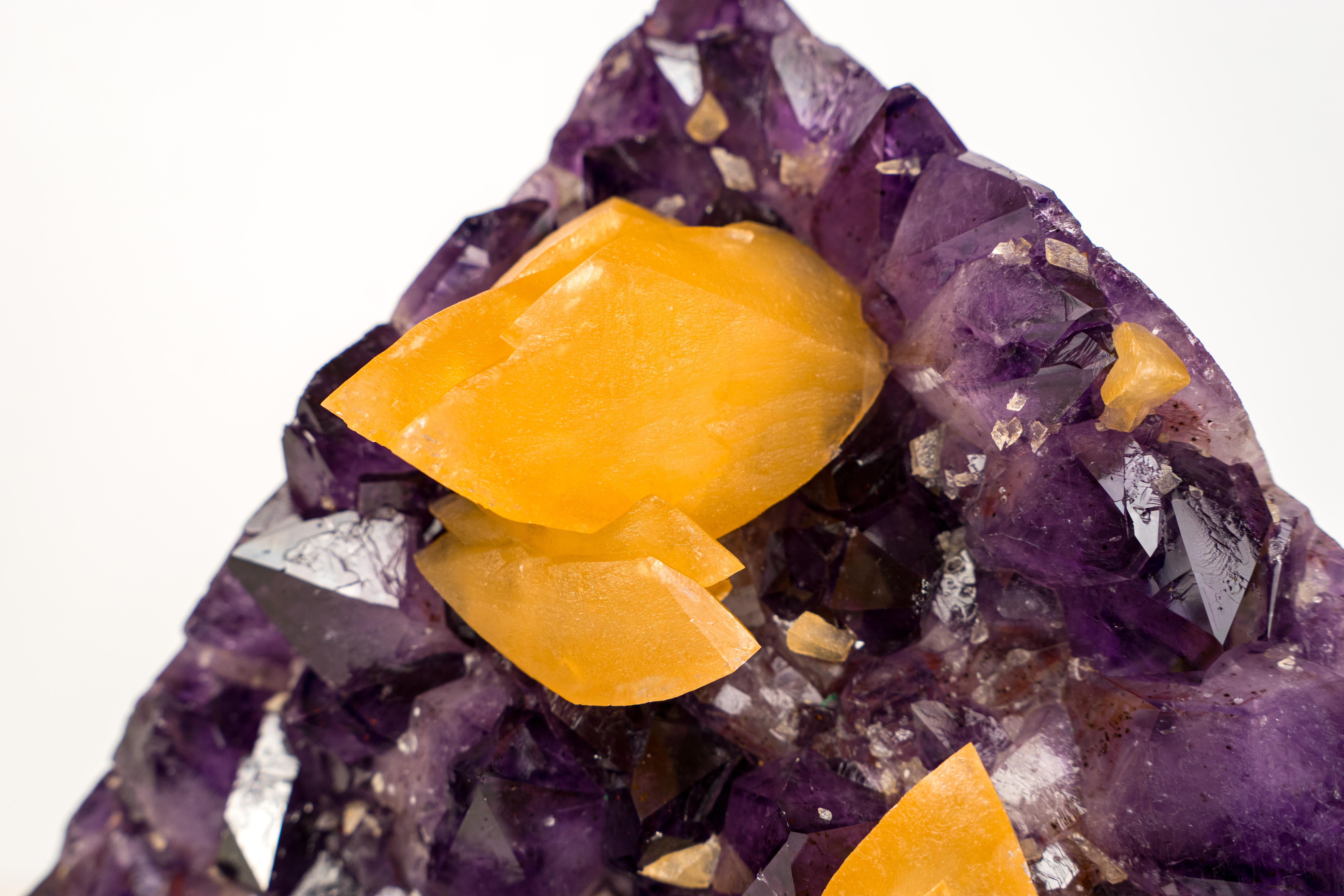 Contemporary Sculptural Amethyst Cluster with Rare Orange Scalenohedral Calcite For Sale