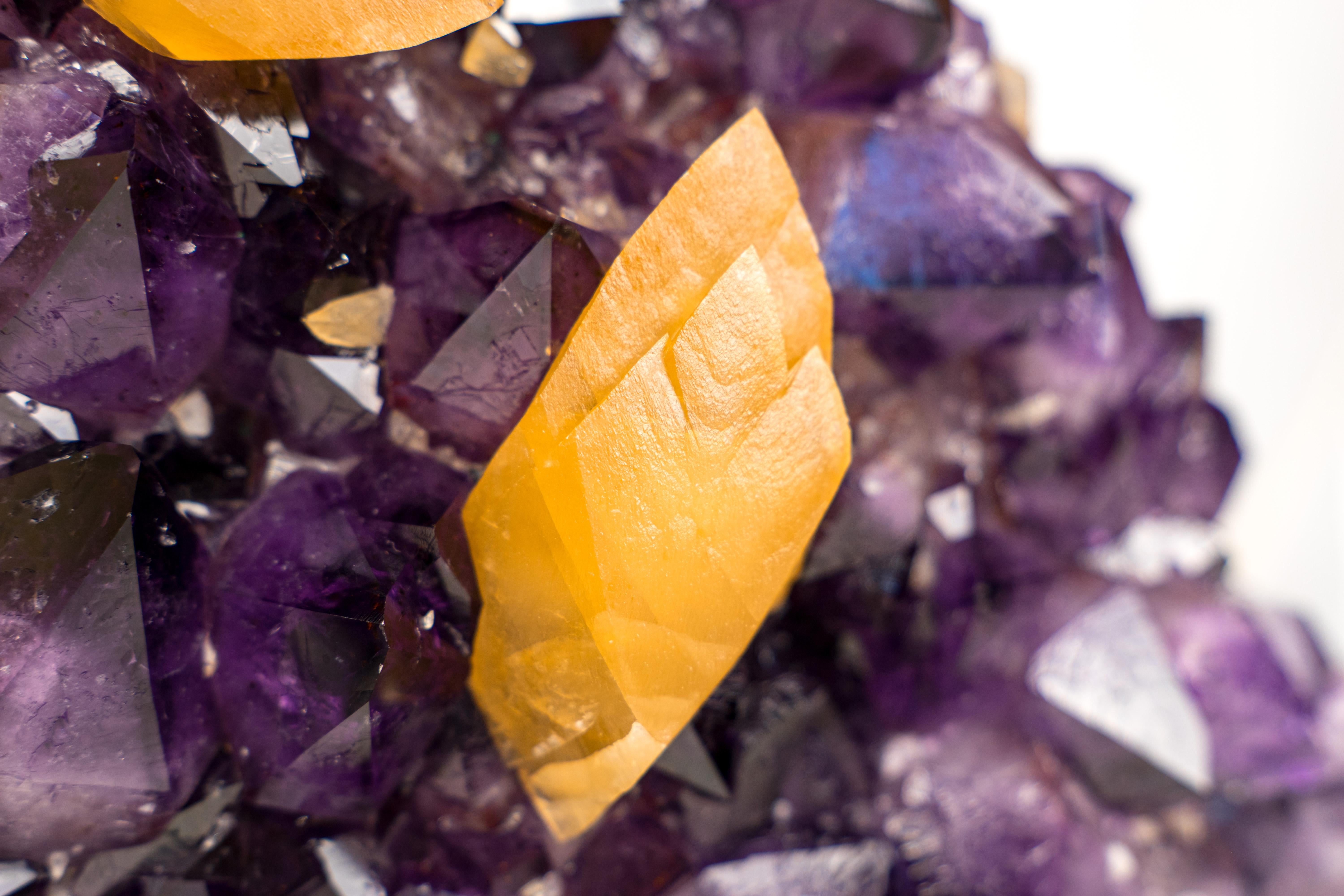 Crystal Sculptural Amethyst Cluster with Rare Orange Scalenohedral Calcite For Sale