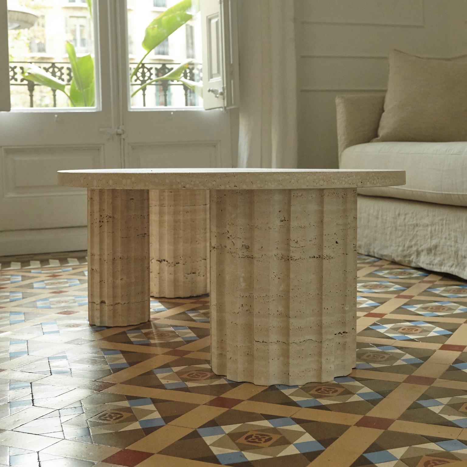 sculptural and brutalist Travertine Column coffee table by Aparentment For Sale 3