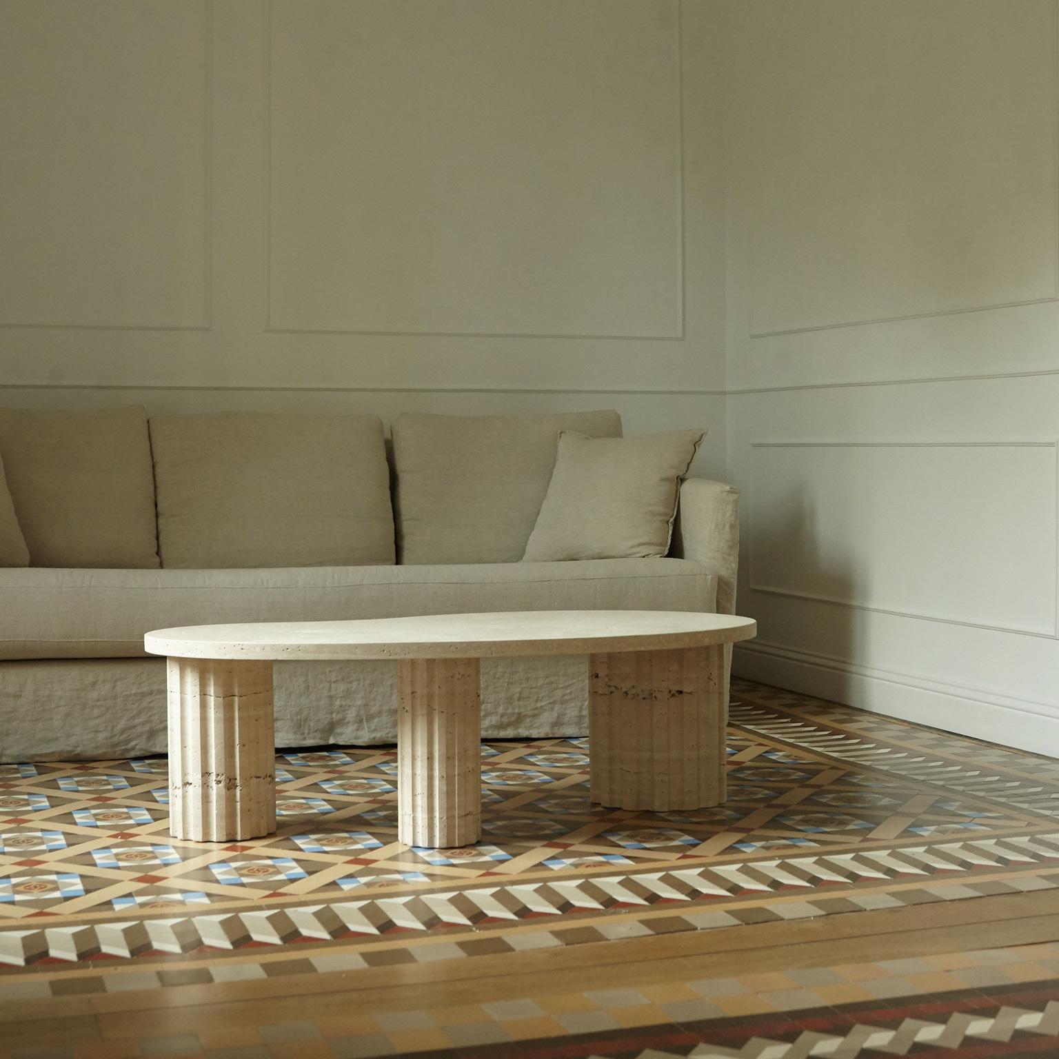 sculptural and brutalist Travertine Column coffee table by Aparentment For Sale 4