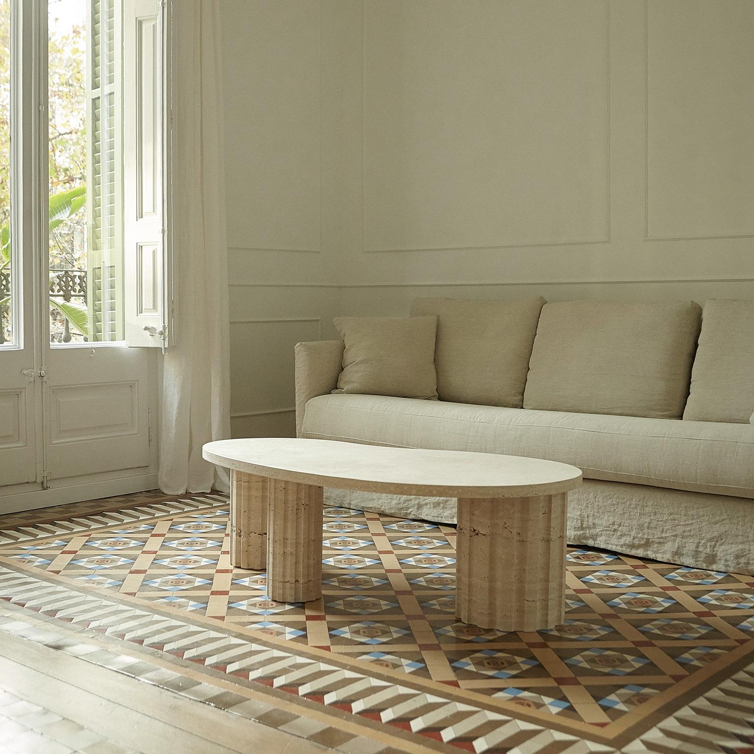 sculptural and brutalist Travertine Column coffee table by Aparentment For Sale 5