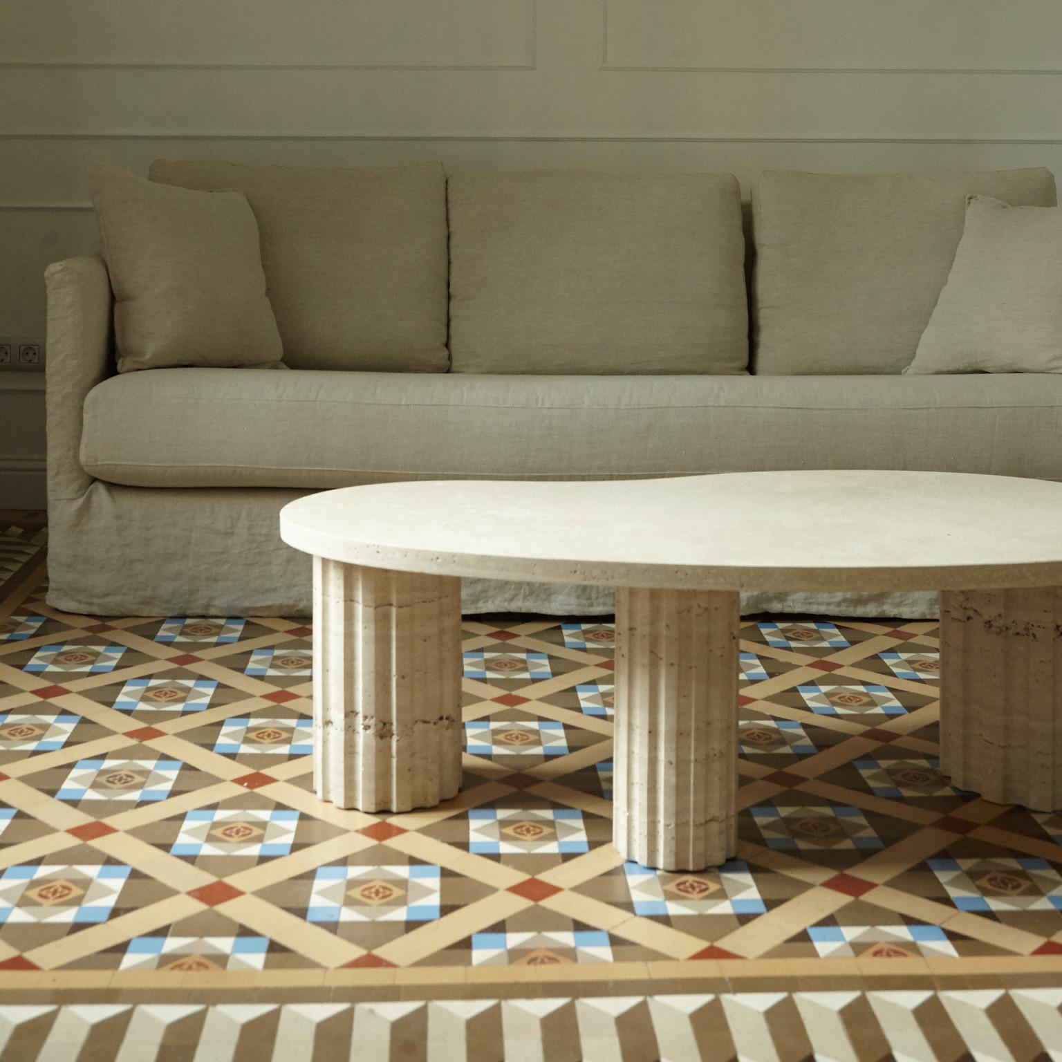 sculptural and brutalist Travertine Column coffee table by Aparentment For Sale 1
