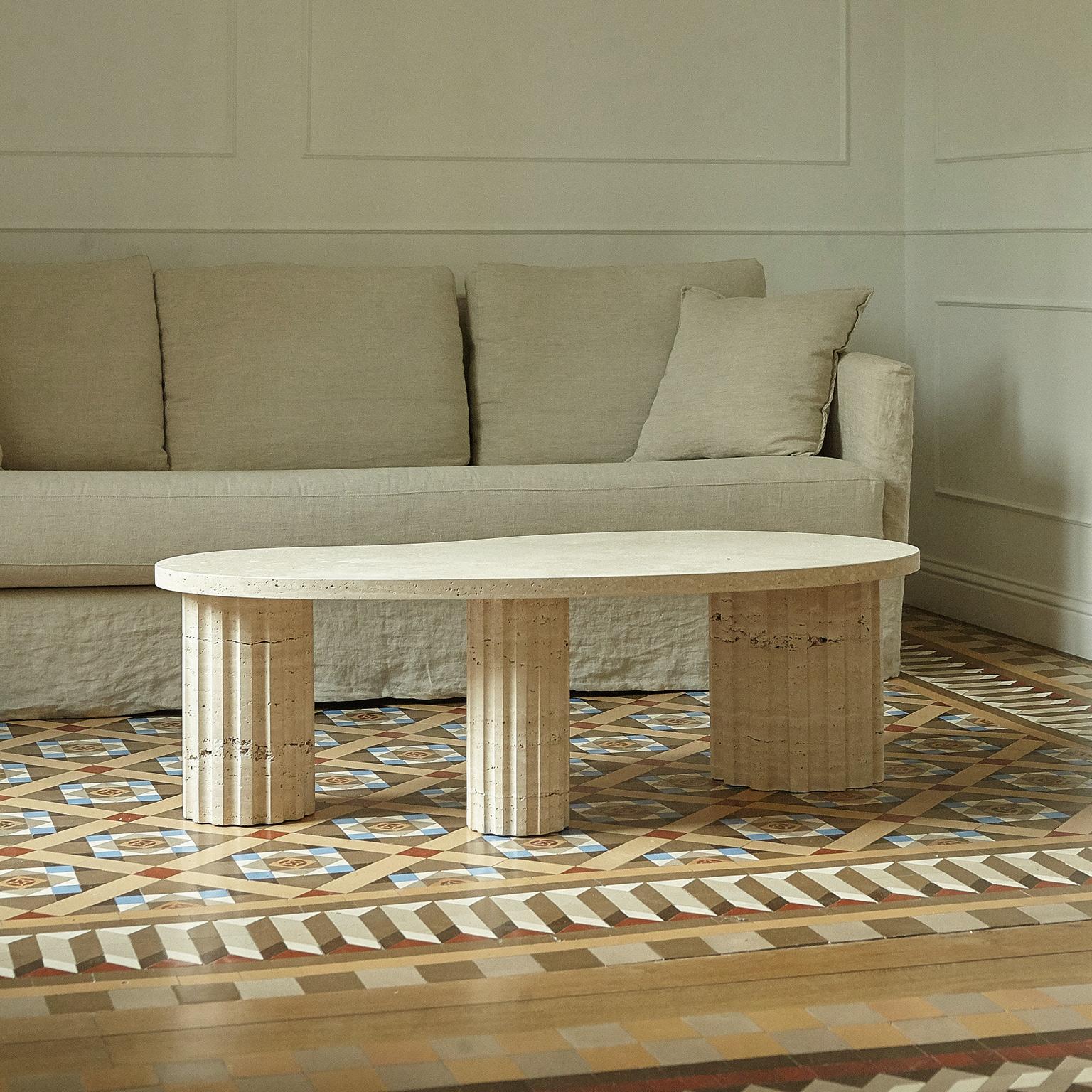 sculptural and brutalist Travertine Column coffee table by Aparentment For Sale 2