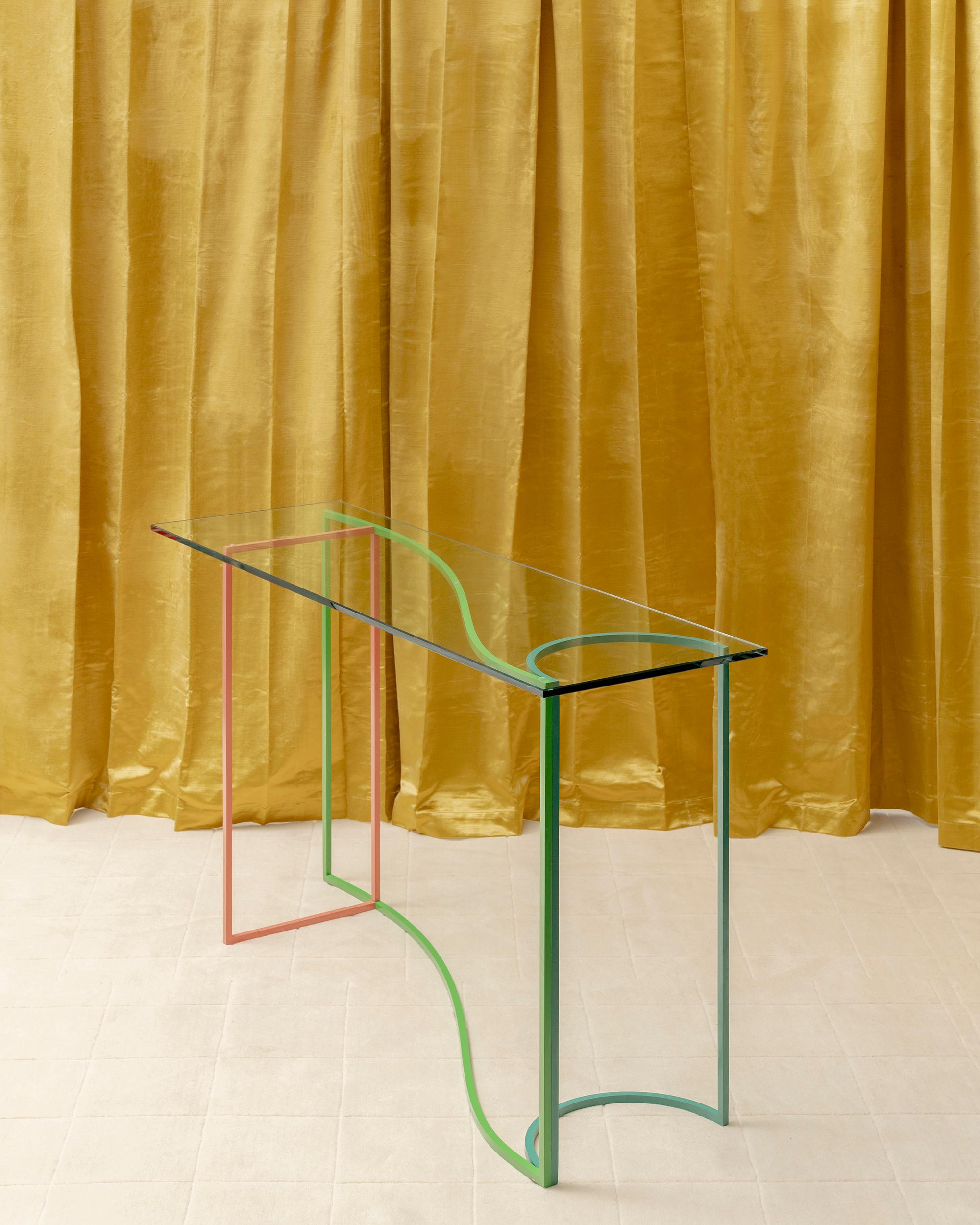 Made from powder-coated steel and glass, and available as coffee tables, desks, dining tables, or consoles, the Frame tables were designed by Swiss duo Thévoz-Choquet around a series of intersecting geometries. Inspired by Fred Sandback’s volume