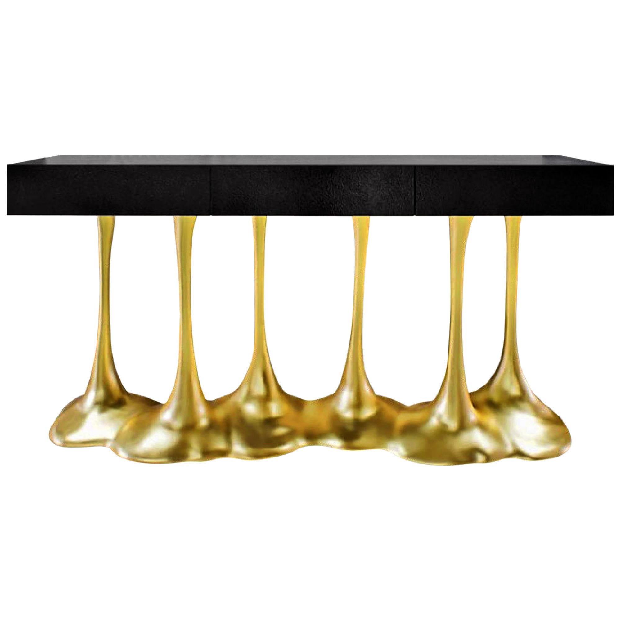 Sculptural and Luxurious "Argos" Futuristic Console Table in Black and Gold