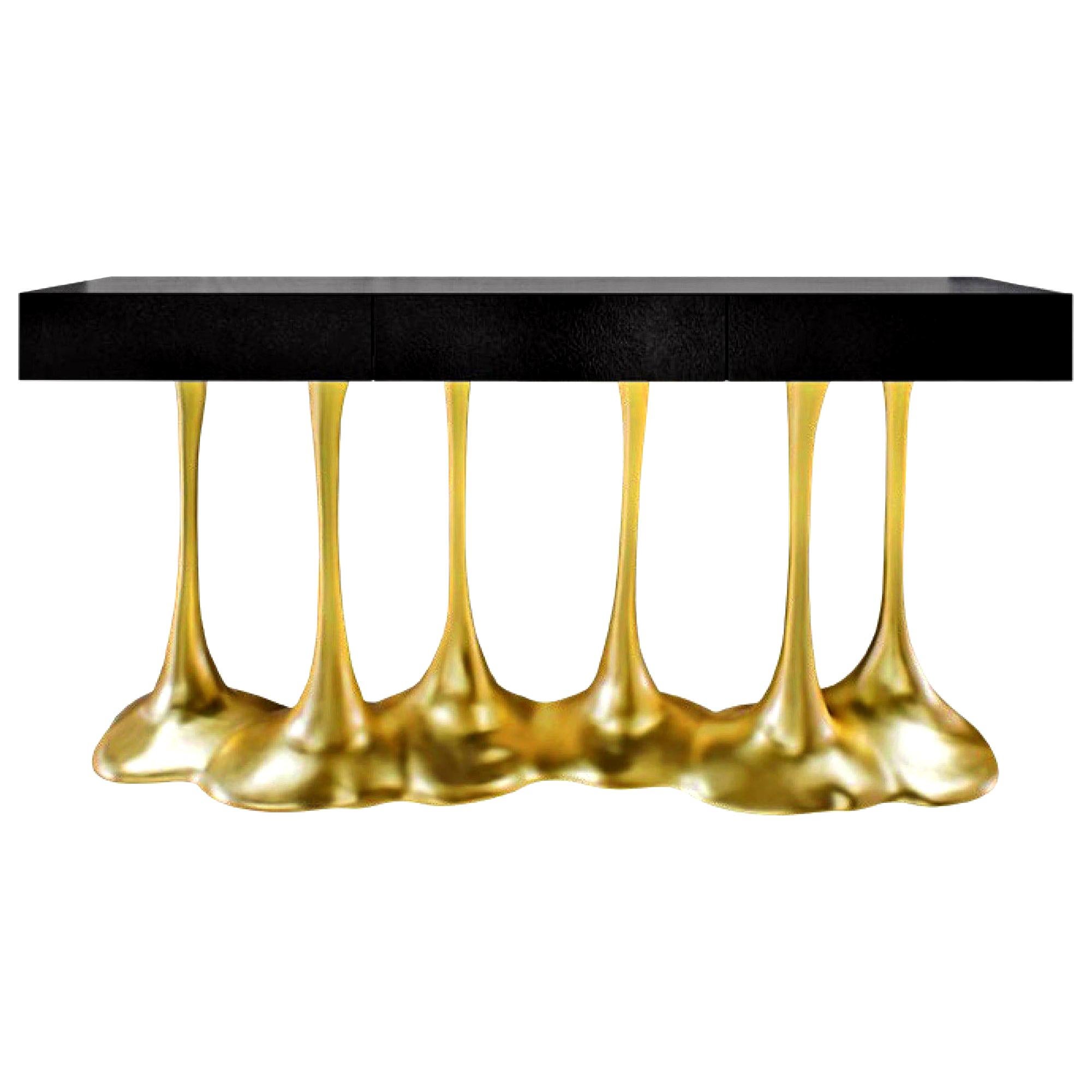 Sculptural and Luxurious "Argos" Futuristic Console Table in Black and Gold