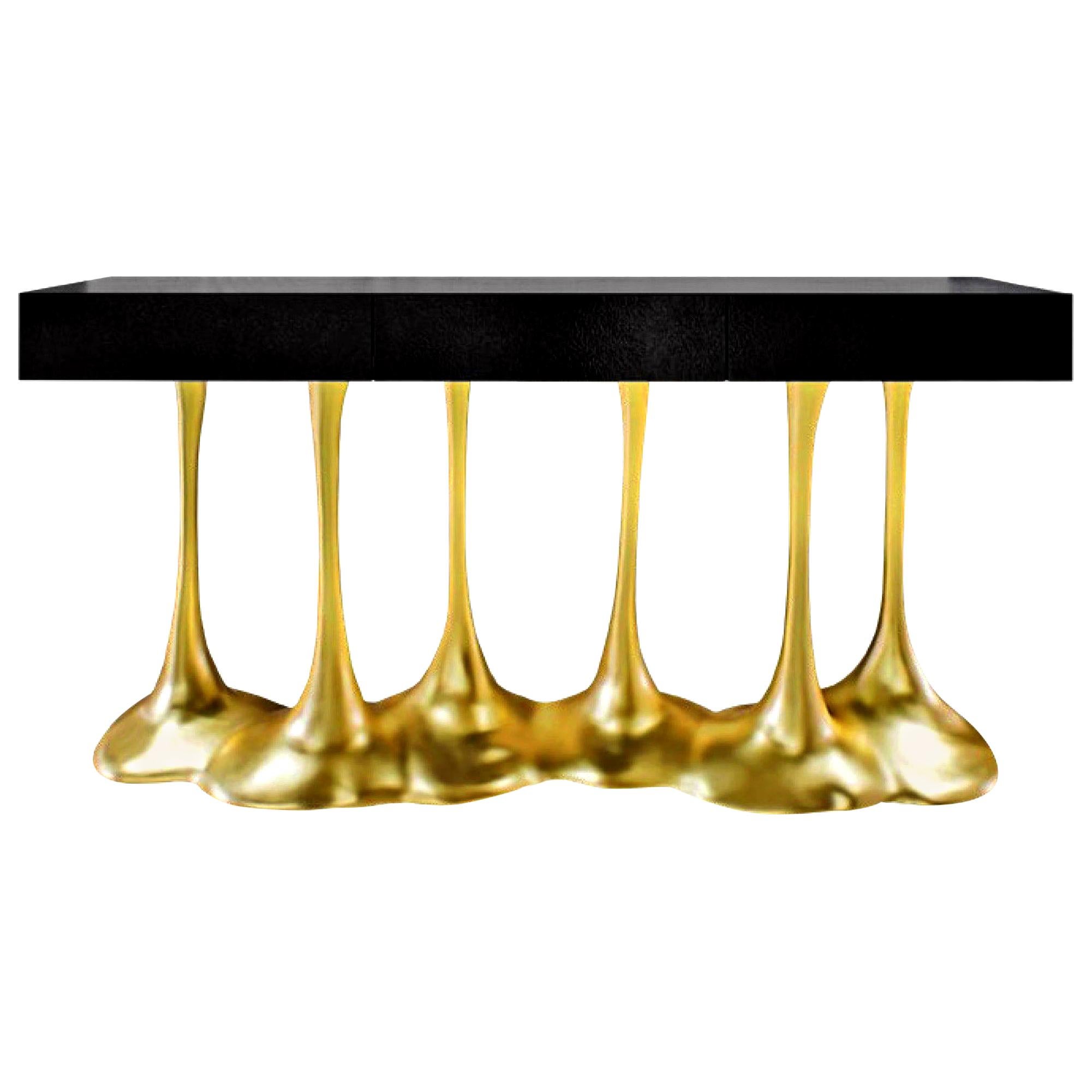 Sculptural and Luxurious "Argos" Futuristic Console Table in Black and Gold For Sale
