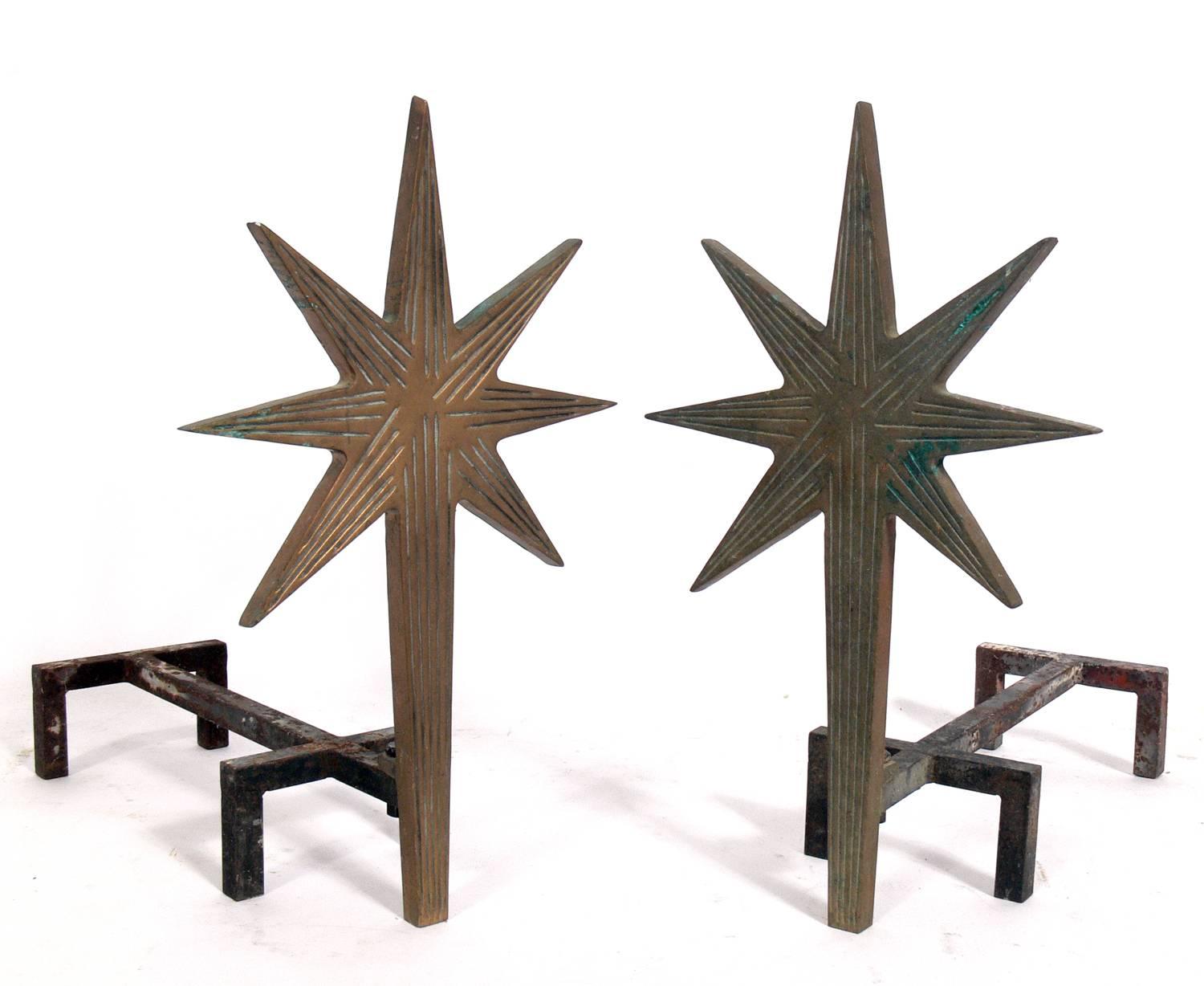 Sculptural andirons in the manner of Diego Giacometti, French, circa 1980s. These are probably unauthorized recasts made in the 1980s after Giacometti's 