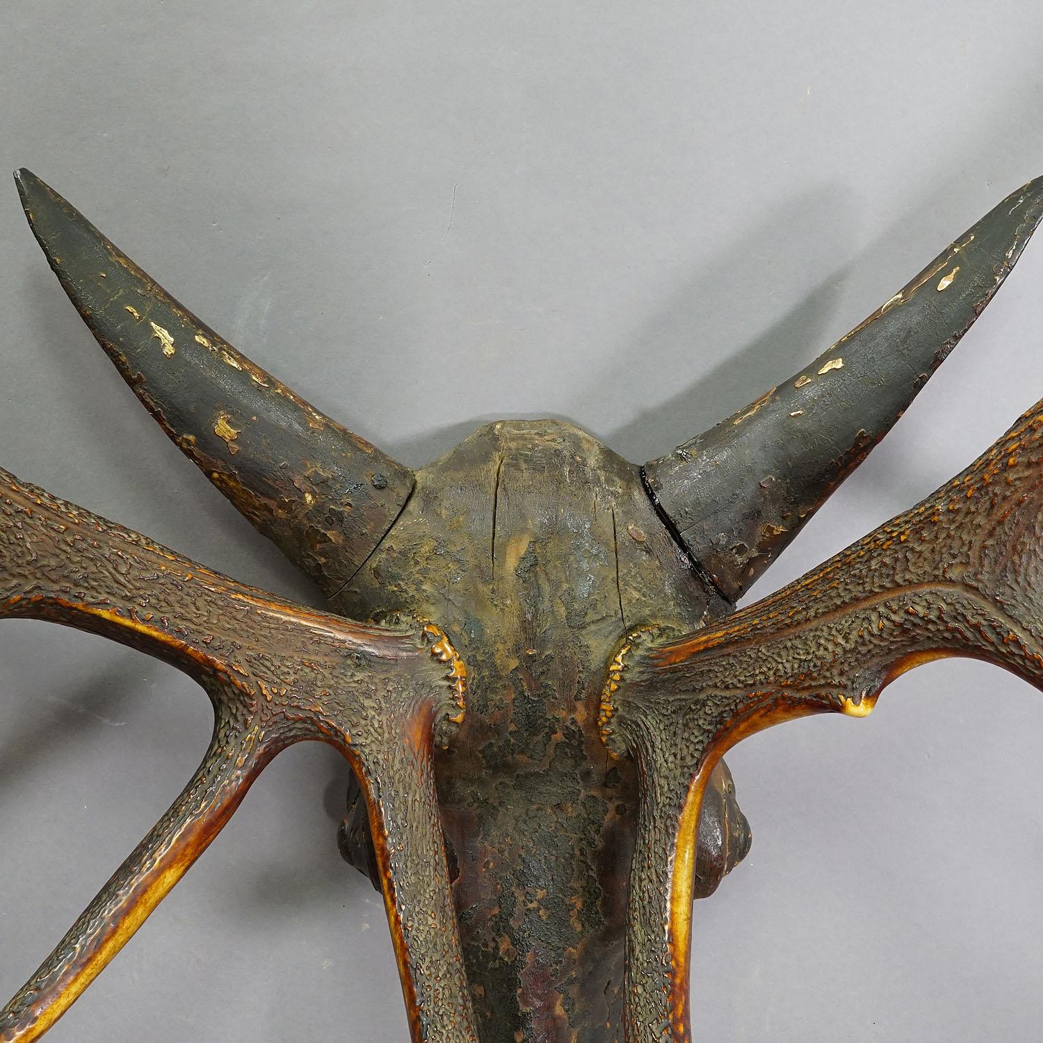 Sculptural Antique Wooden Carved Black Forest Baroque Deer Head For Sale 3