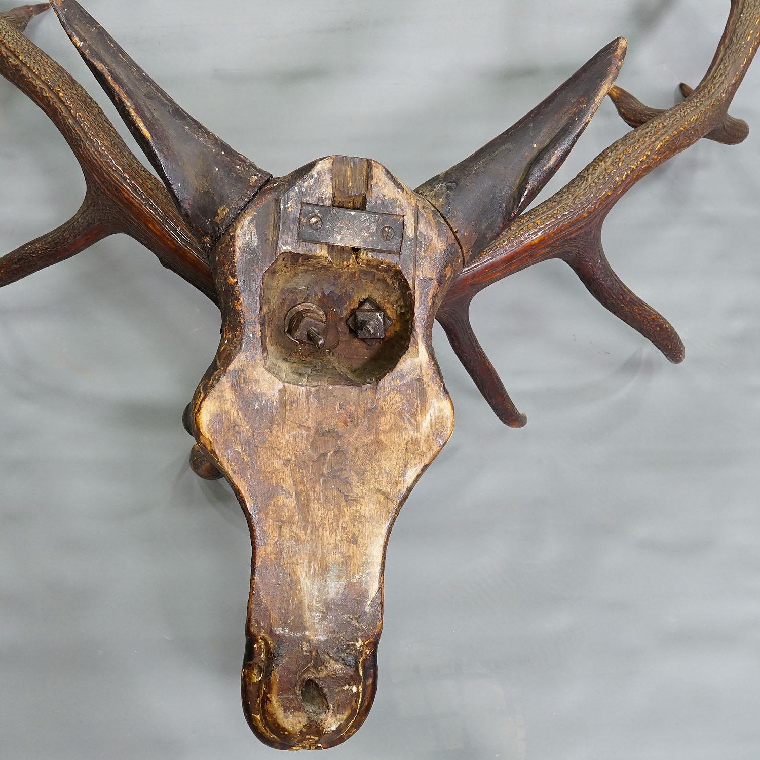 Sculptural Antique Wooden Carved Black Forest Baroque Deer Head For Sale 5