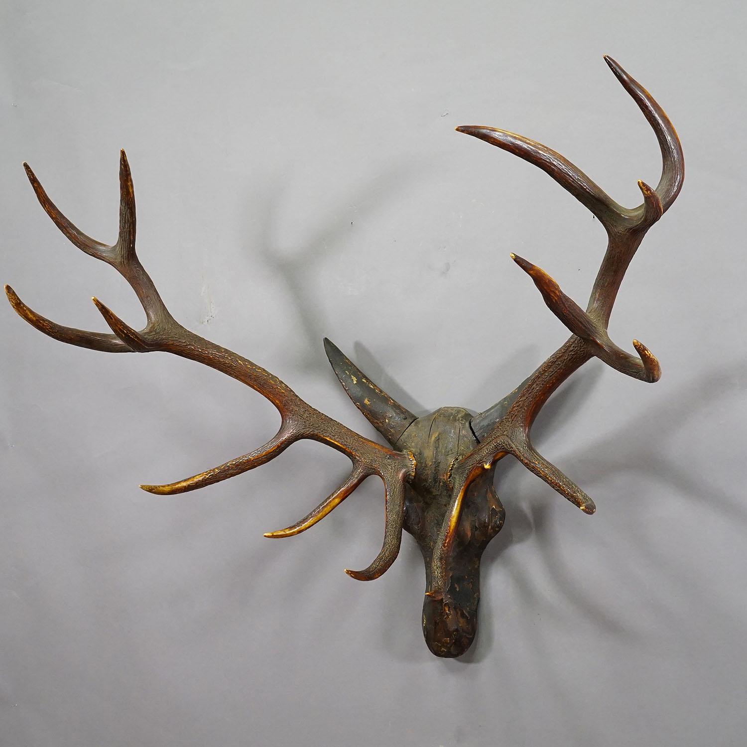 German Sculptural Antique Wooden Carved Black Forest Baroque Deer Head For Sale